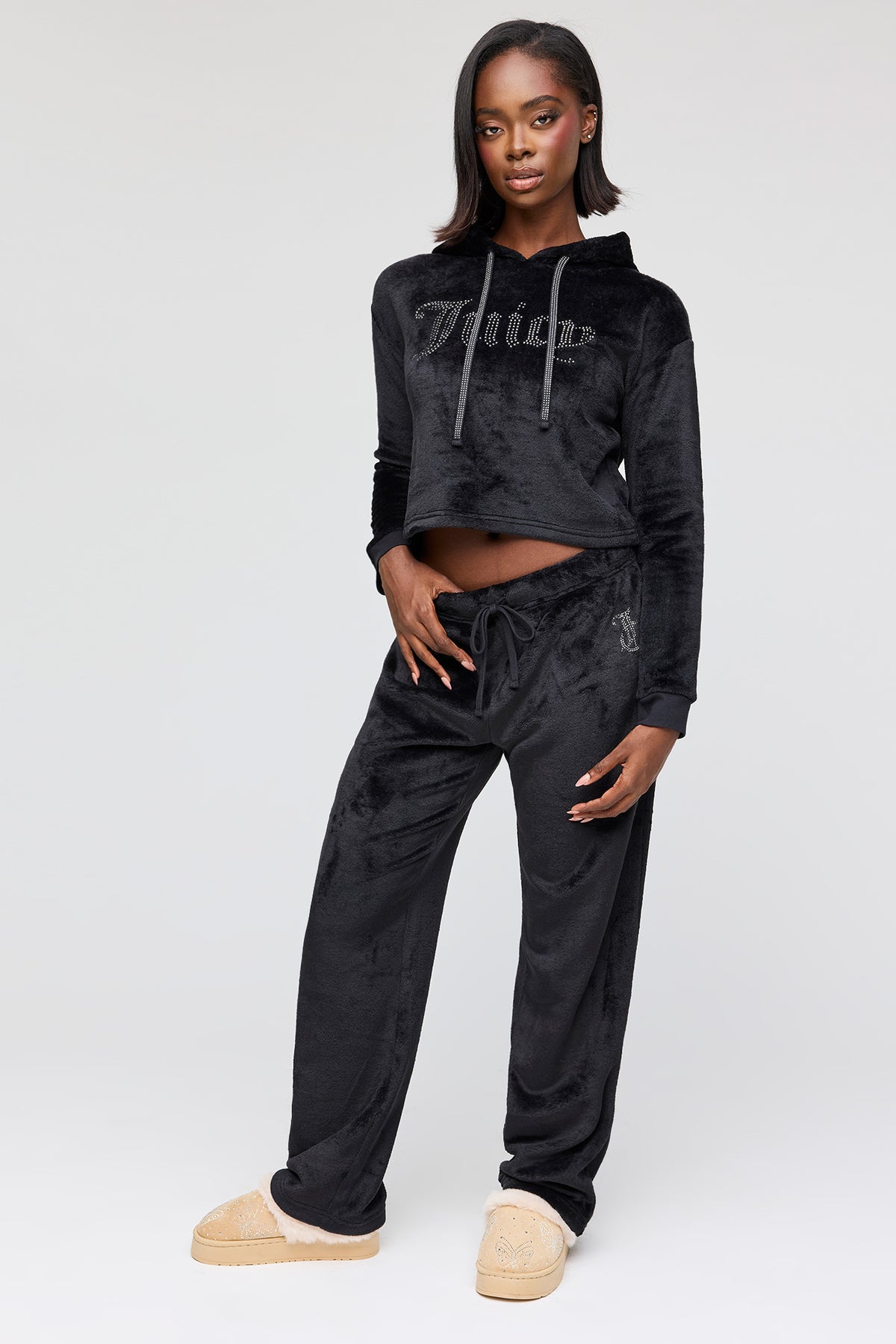 Juicy Couture Plush Hoodie & Pant Set - Black