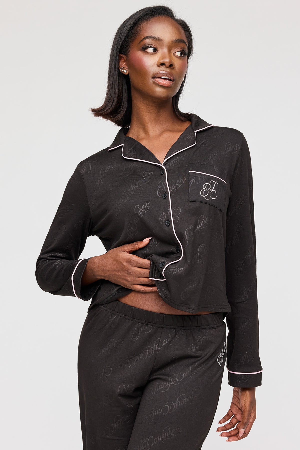 Alt View 2. Juicy Couture Rhinestone Button-Up Top & Pant Pajama Set - Black