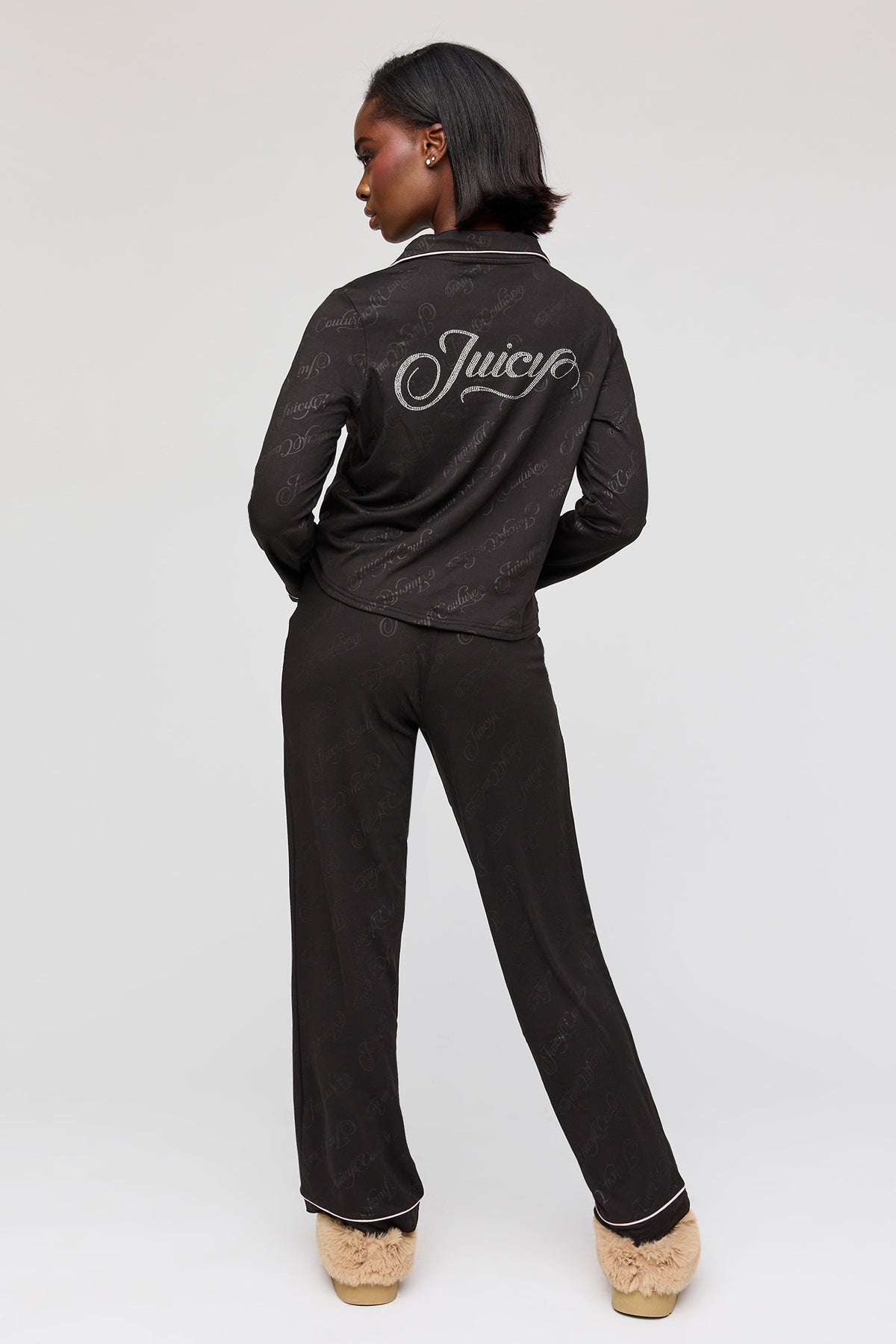 Alt View 4. Juicy Couture Rhinestone Button-Up Top & Pant Pajama Set - Black
