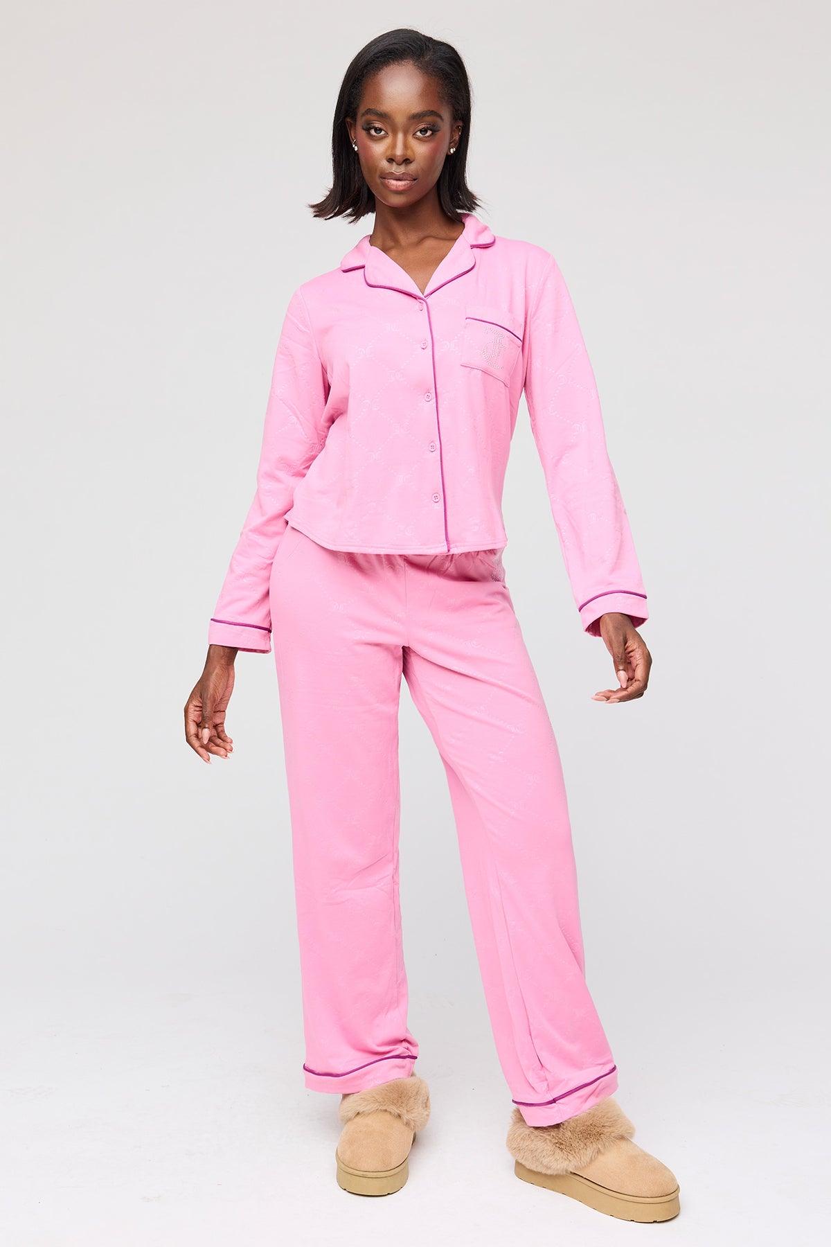 Ensemble pyjama avec haut boutonné à imprimé Juicy Couture avec pierres du Rhin et pantalon
