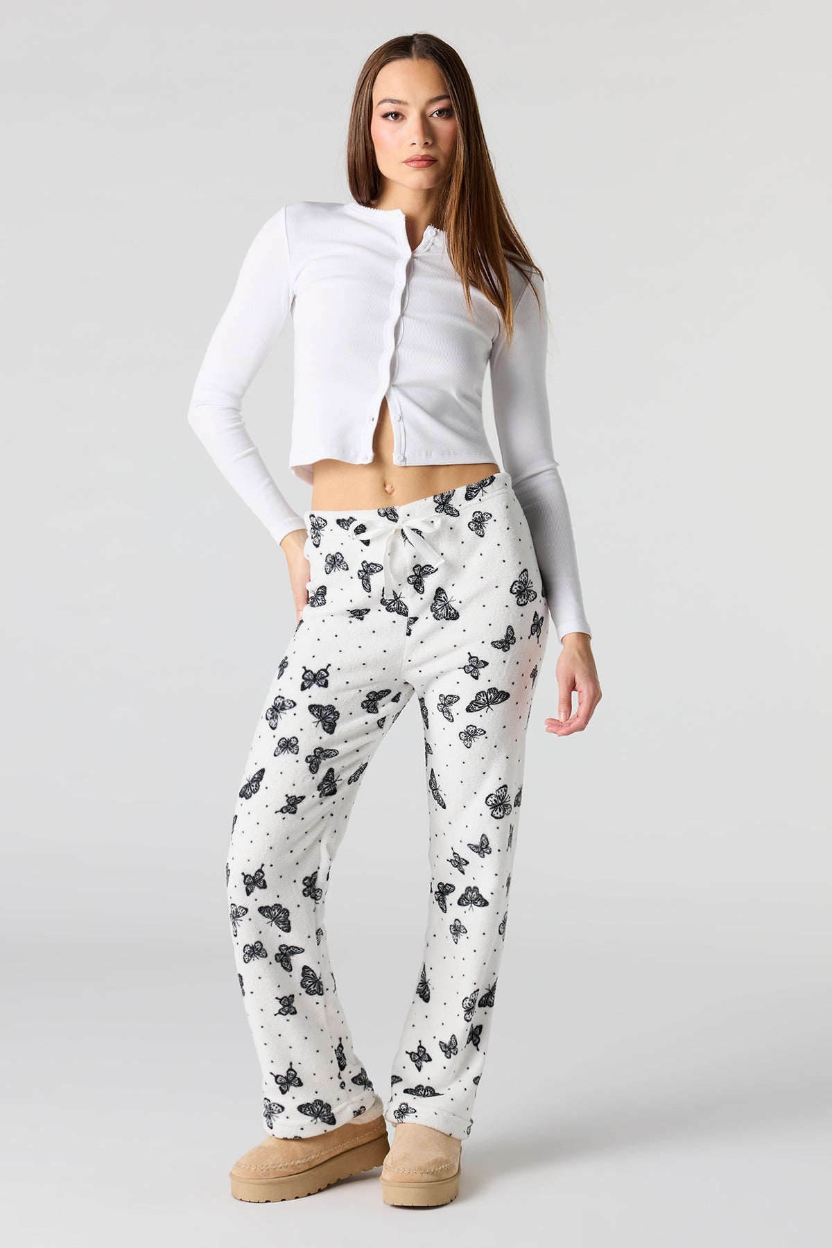 Printed Plush Pajama Pant - White