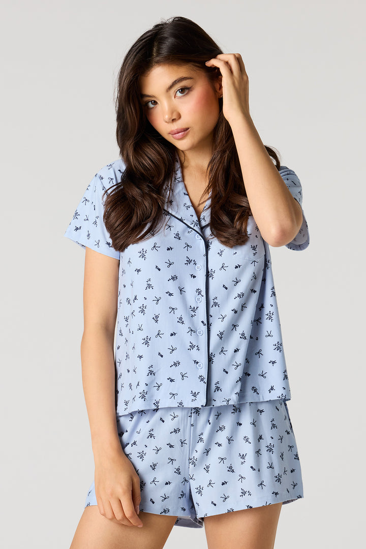 Printed Button-Up Collared Top & Short Pajama Set