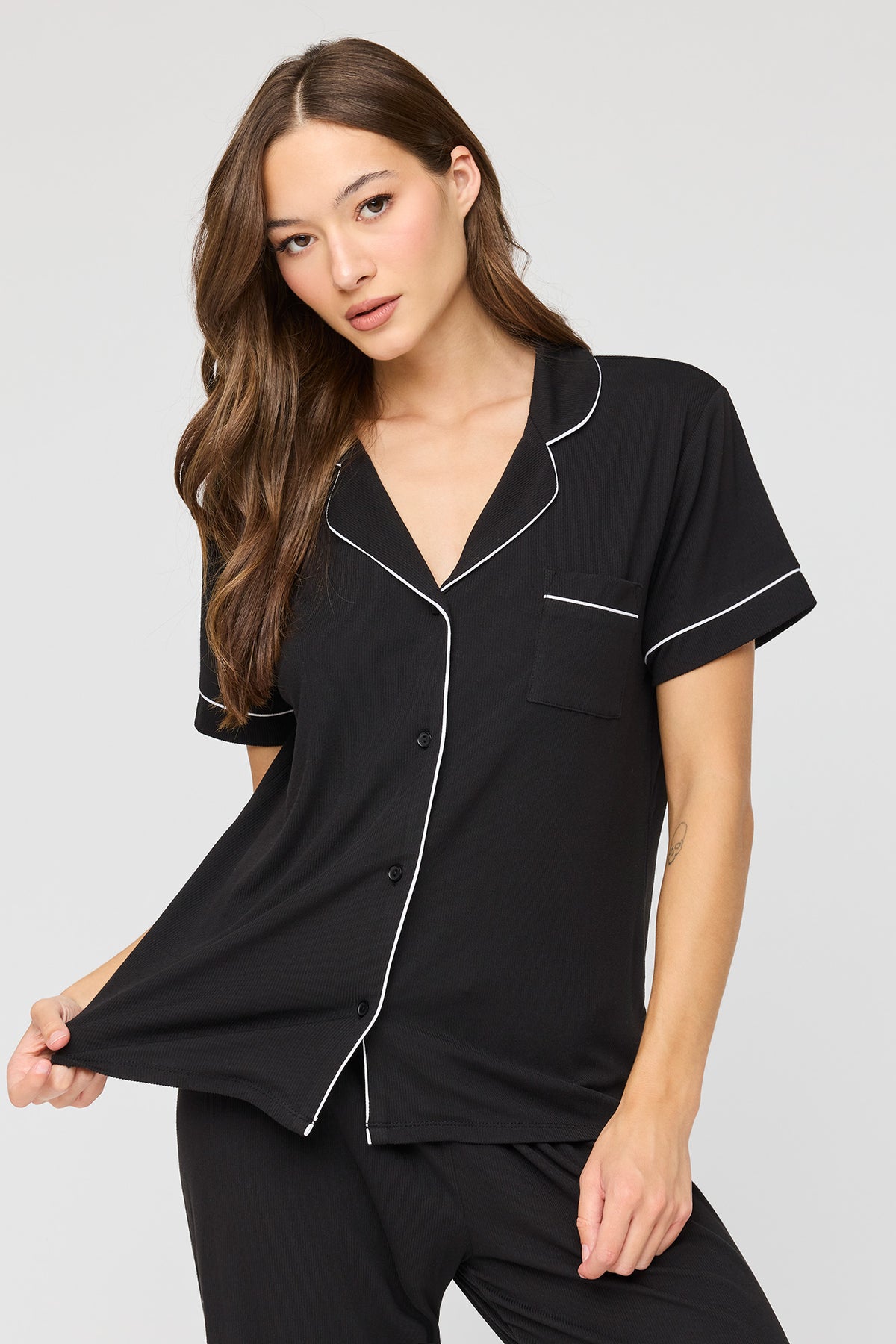 Alt View 2. Button Up Top & Pant Pajama Set - Black
