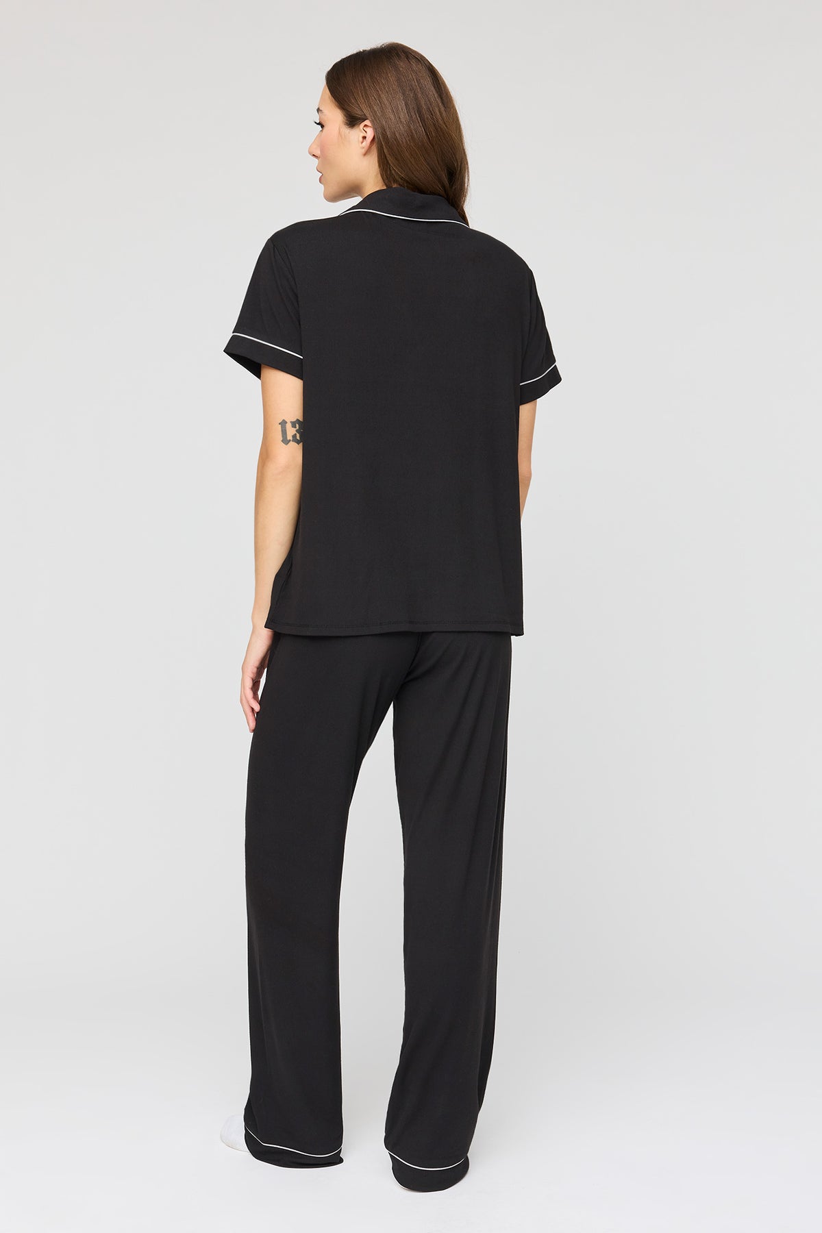 Alt View 4. Button Up Top & Pant Pajama Set - Black