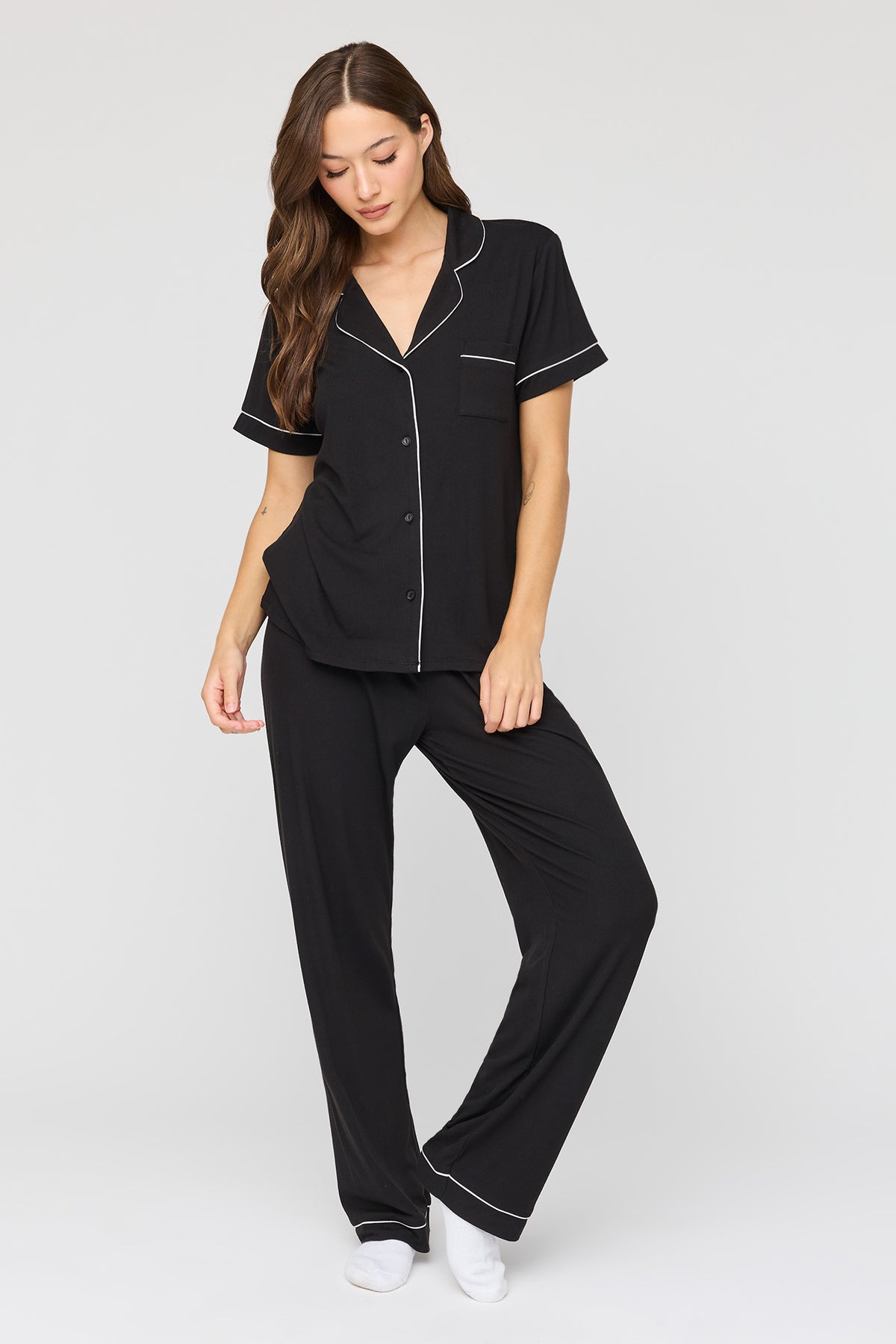Button Up Top & Pant Pajama Set - Black