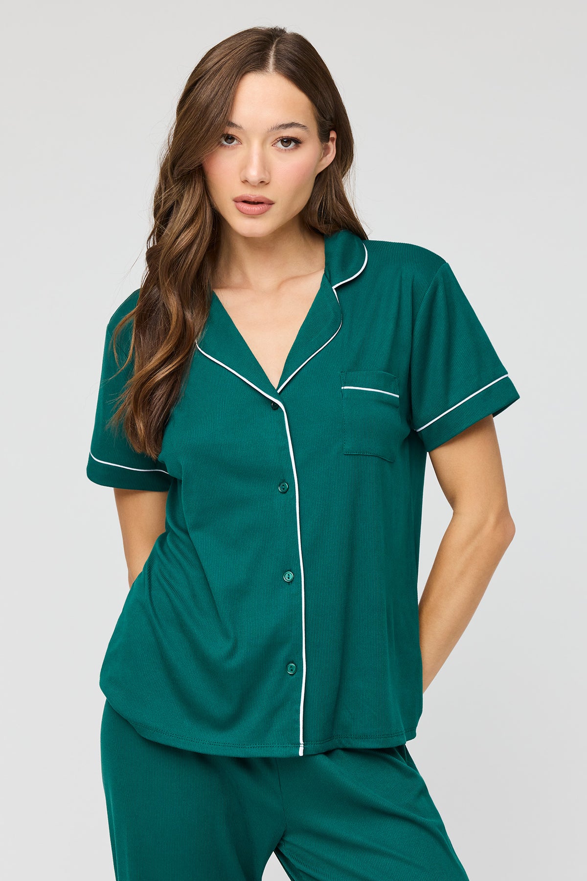 Alt View 2. Button Up Top & Pant Pajama Set - Hunter Green