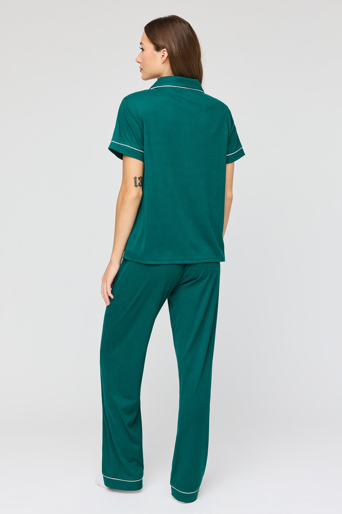 Alt View 4. Button Up Top & Pant Pajama Set - Hunter Green