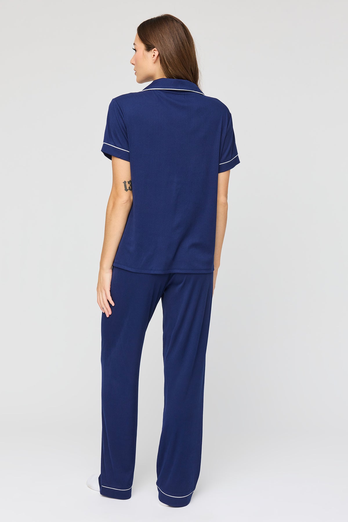 Alt View 4. Button Up Top & Pant Pajama Set - Navy