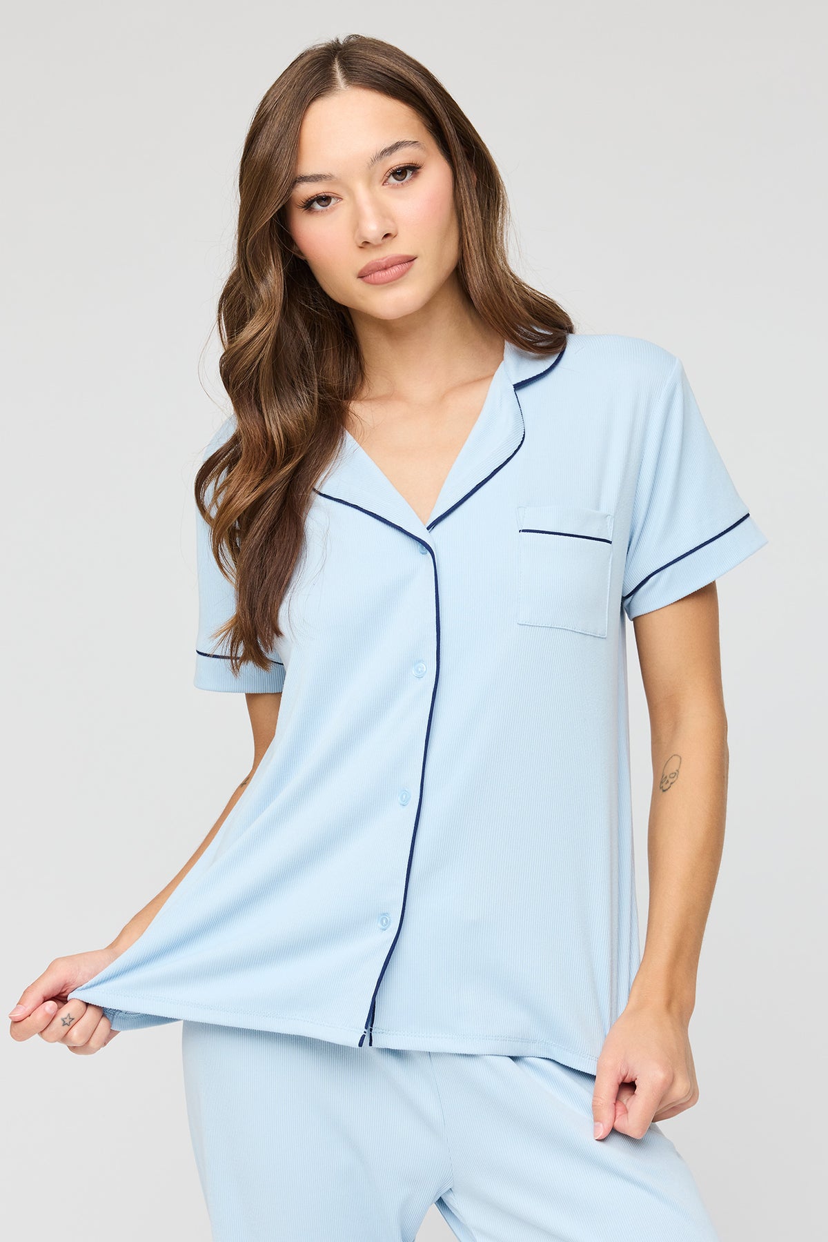 Alt View 2. Button Up Top & Pant Pajama Set - Light Blue