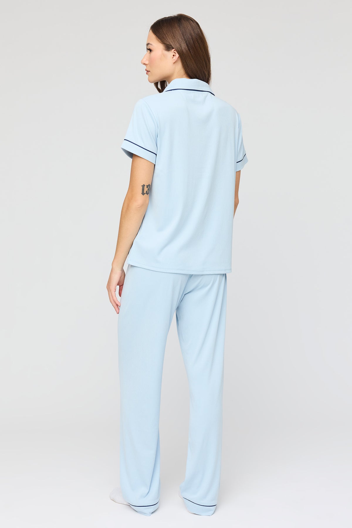 Alt View 4. Button Up Top & Pant Pajama Set - Light Blue