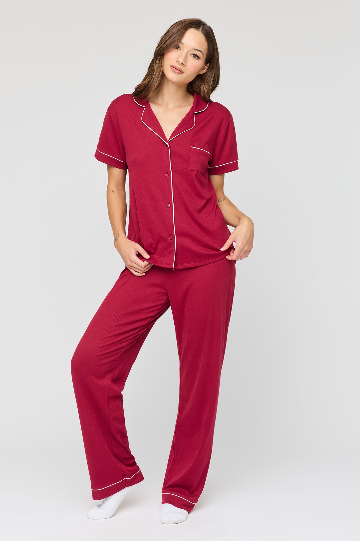 Button Up Top & Pant Pajama Set - Burgundy