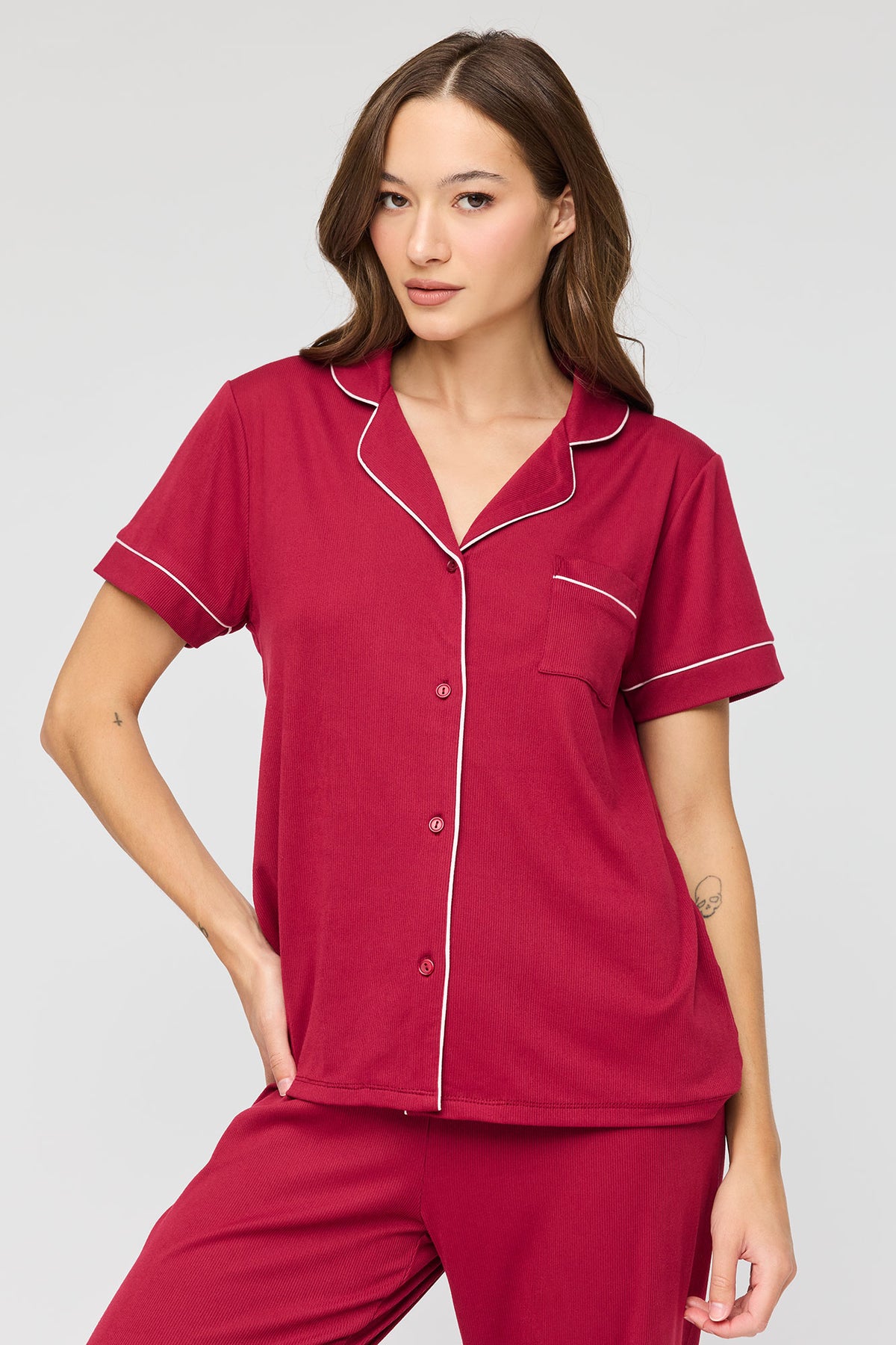 Alt View 2. Button Up Top & Pant Pajama Set - Burgundy