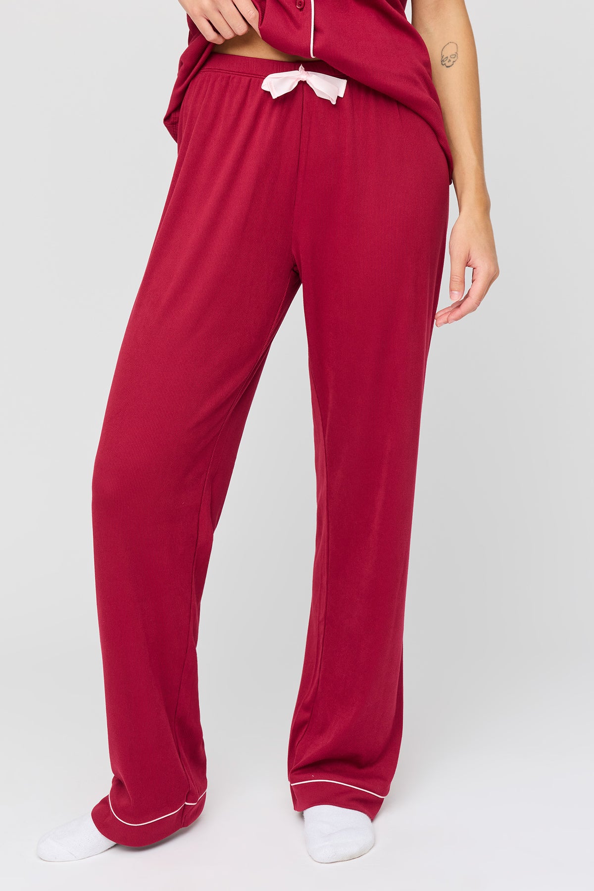 Alt View 3. Button Up Top & Pant Pajama Set - Burgundy