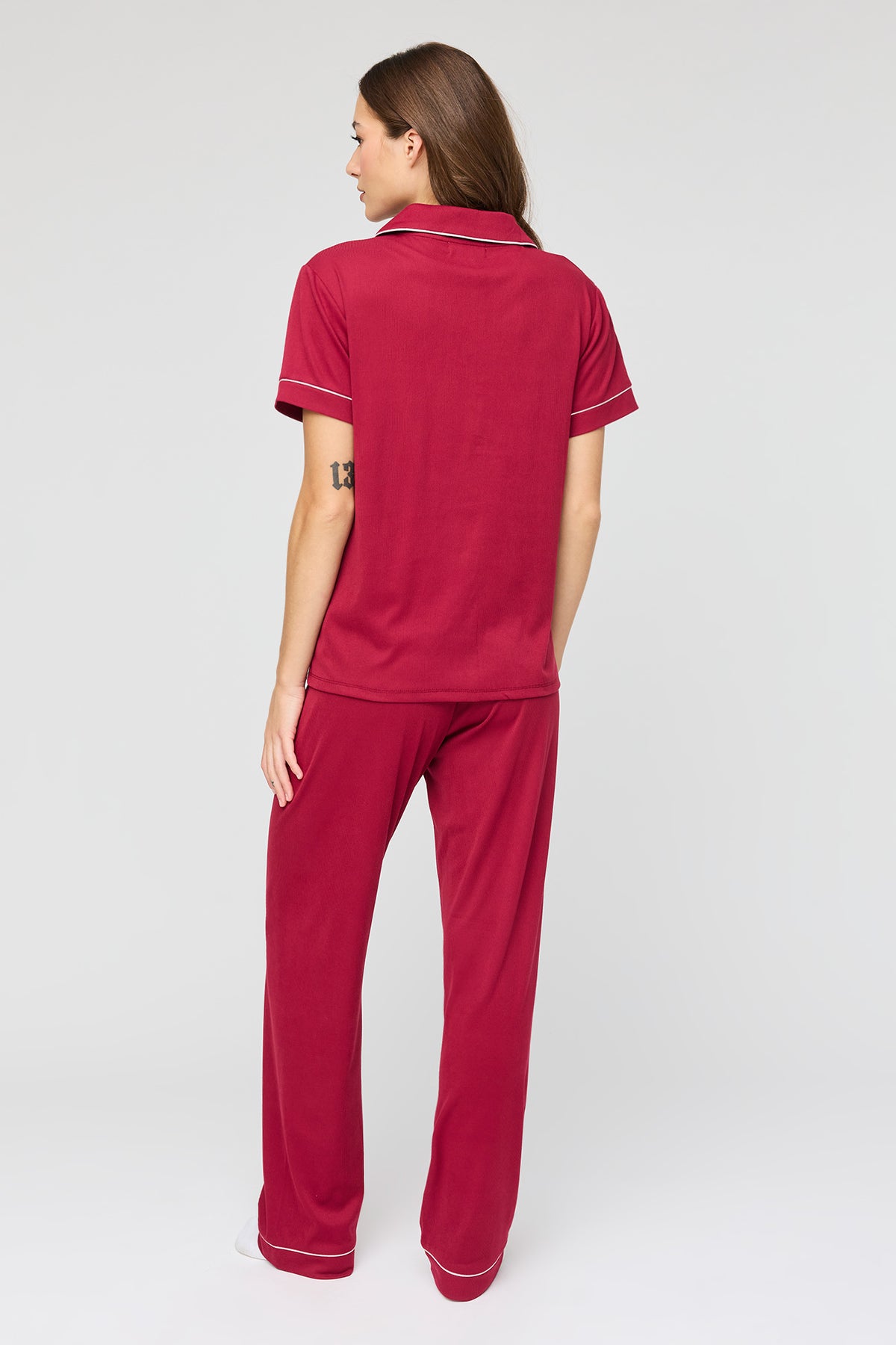 Alt View 4. Button Up Top & Pant Pajama Set - Burgundy