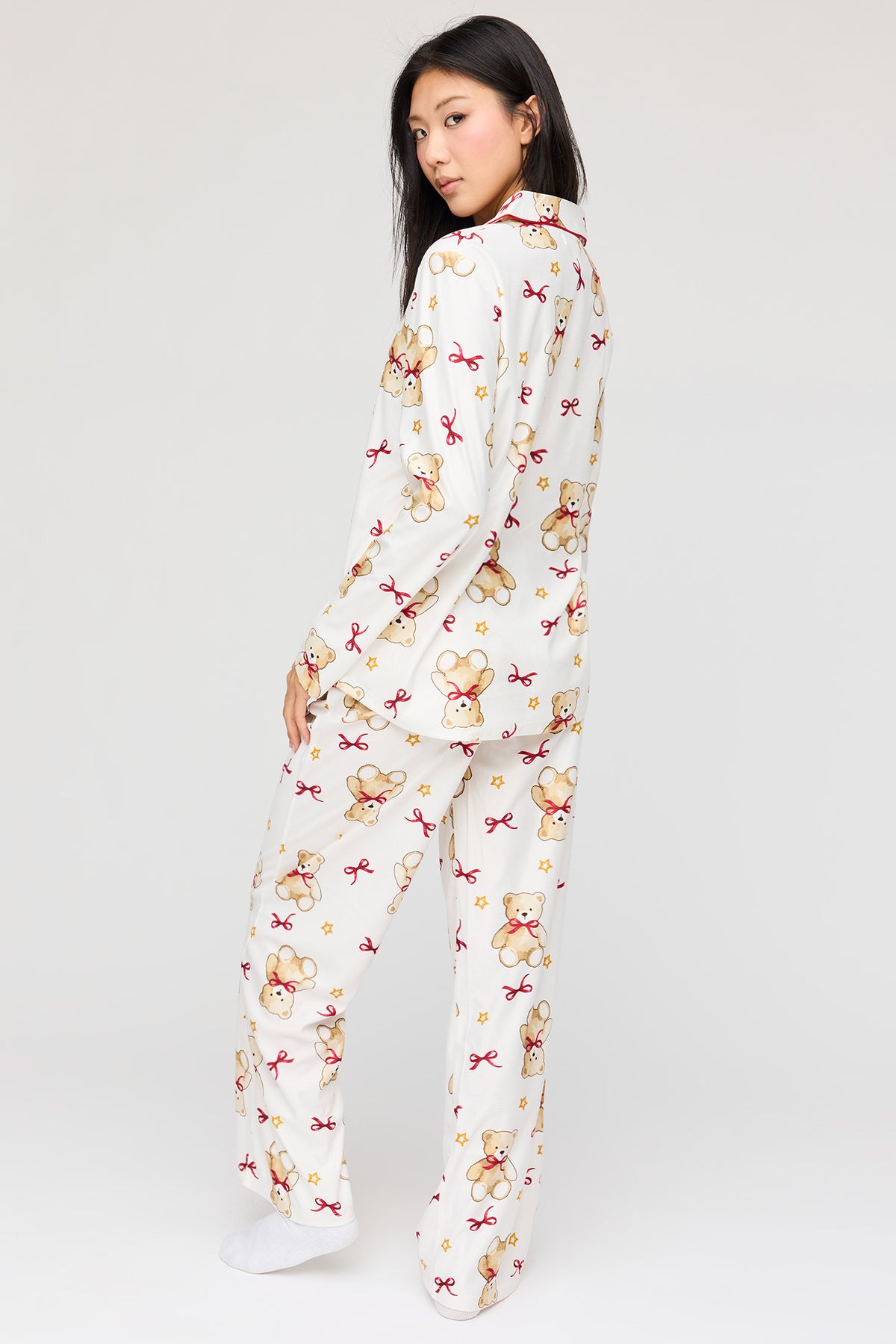 Alt View 4. Flannel Button-Up Long Sleeve Top & Pant Pajama Set - Ivory