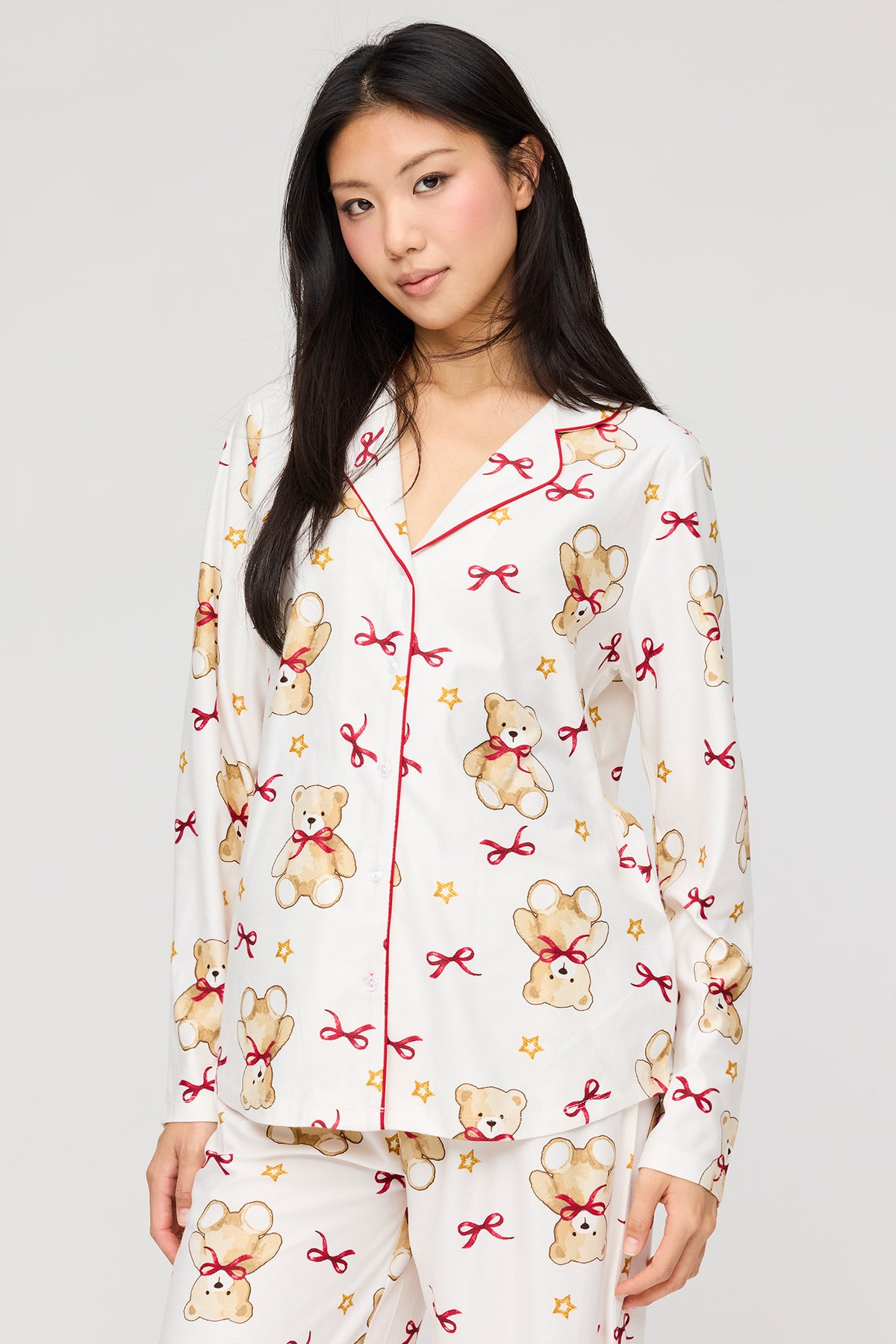 Alt View 2. Flannel Button-Up Long Sleeve Top & Pant Pajama Set - Ivory