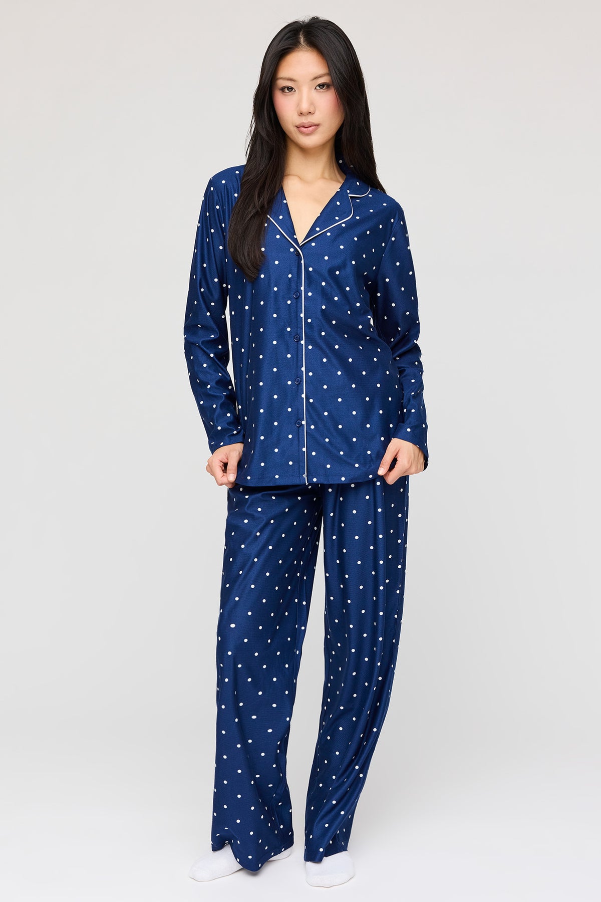 Flannel Button-Up Long Sleeve Top & Pant Pajama Set - Navy