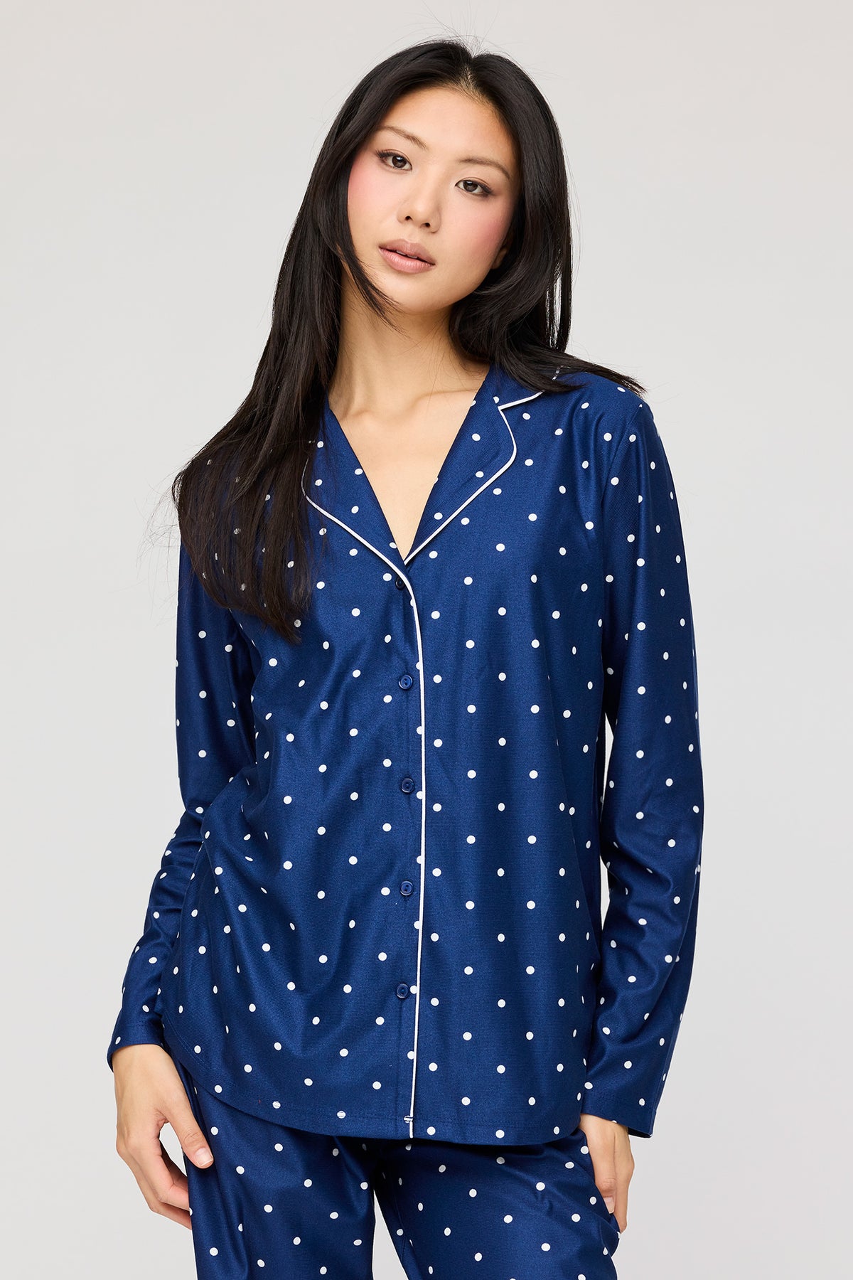 Alt View 2. Flannel Button-Up Long Sleeve Top & Pant Pajama Set - Navy