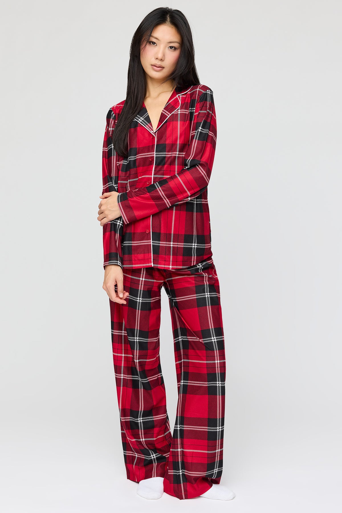 Flannel Button-Up Long Sleeve Top & Pant Pajama Set - Red