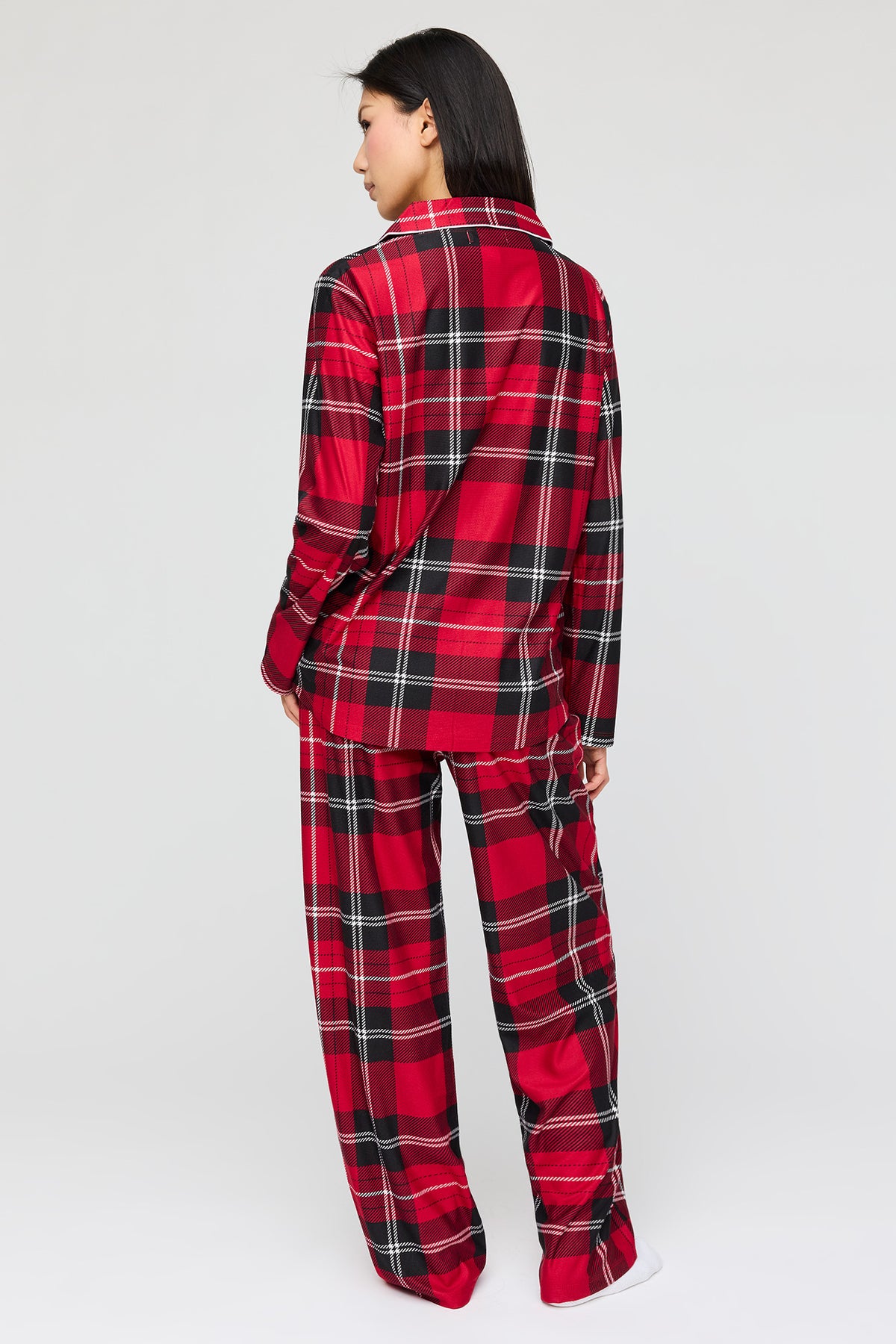 Alt View 4. Flannel Button-Up Long Sleeve Top & Pant Pajama Set - Red