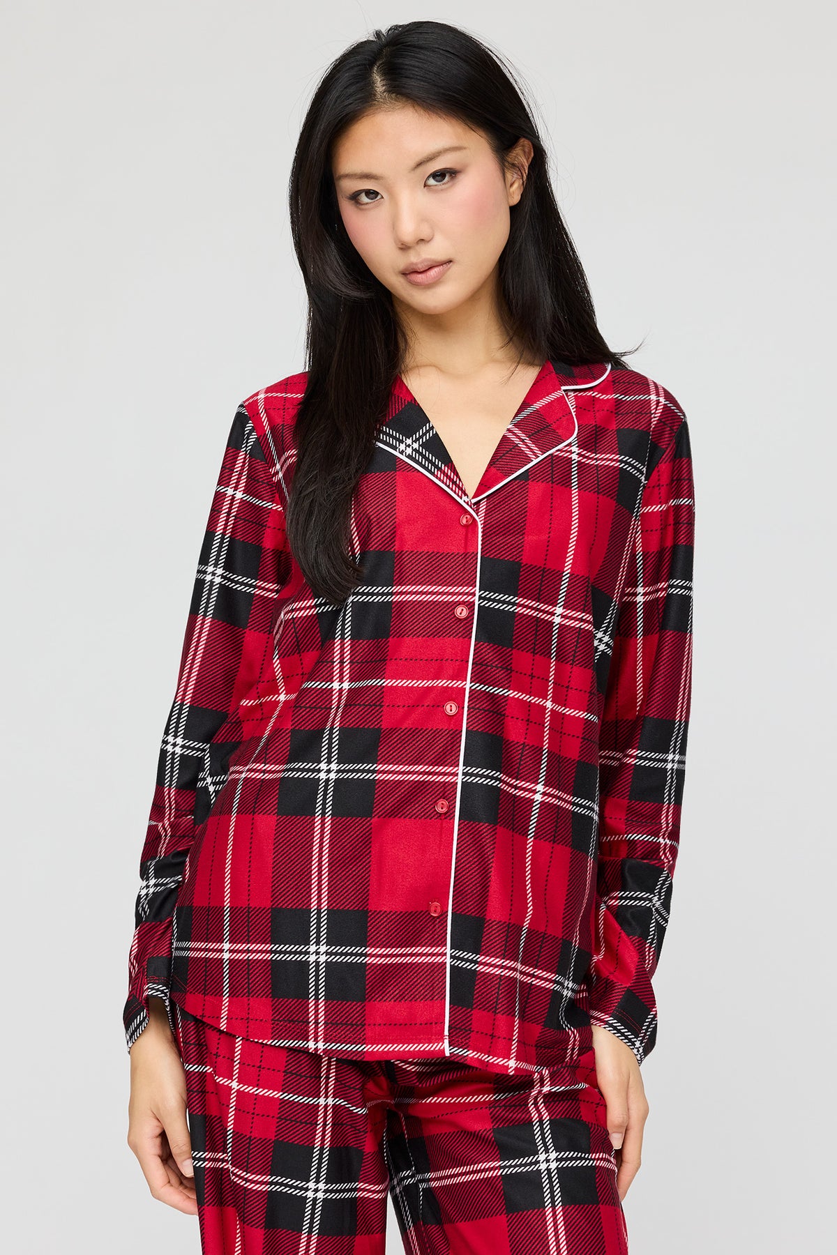 Alt View 2. Flannel Button-Up Long Sleeve Top & Pant Pajama Set - Red