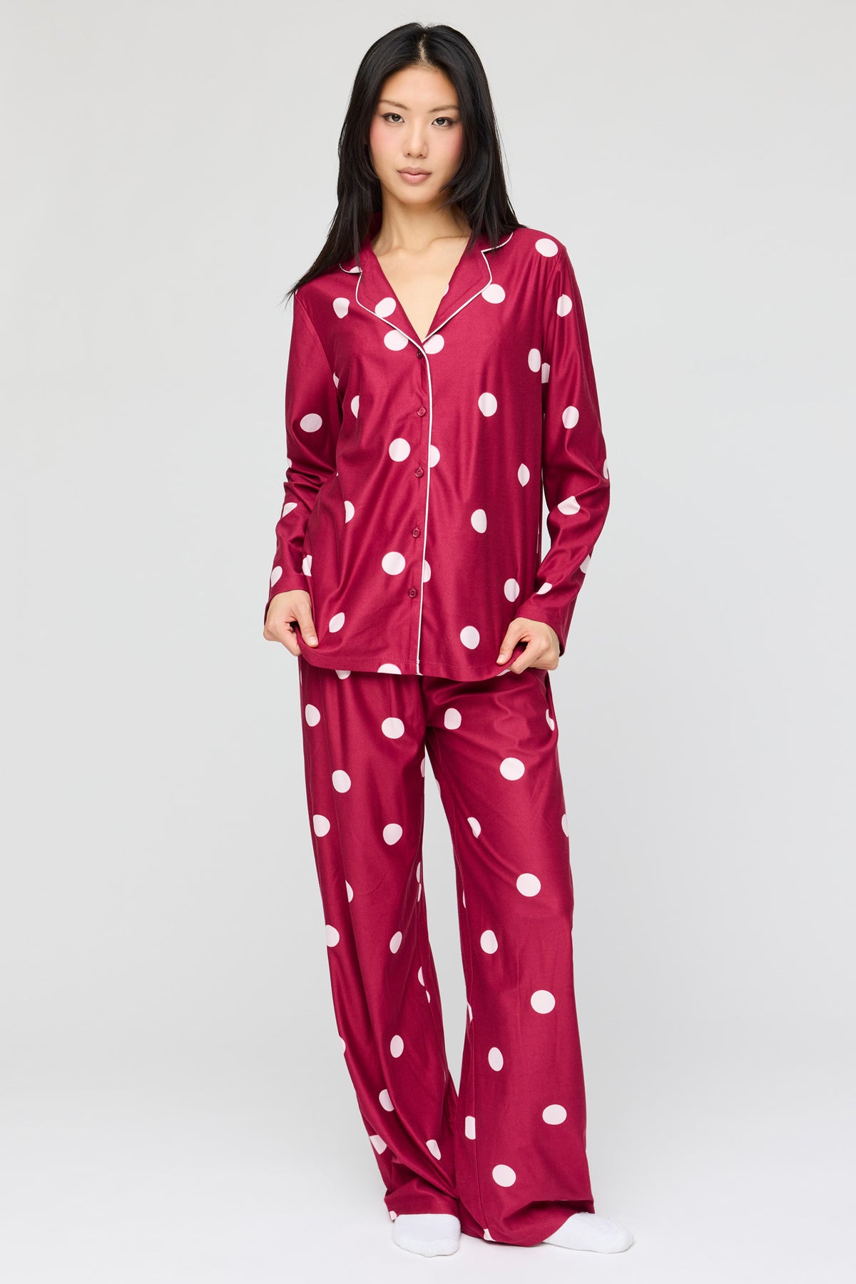 Flannel Button-Up Long Sleeve Top & Pant Pajama Set - Burgundy