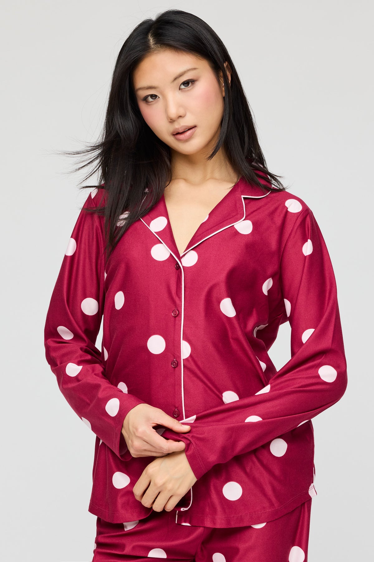Alt View 2. Flannel Button-Up Long Sleeve Top & Pant Pajama Set - Burgundy
