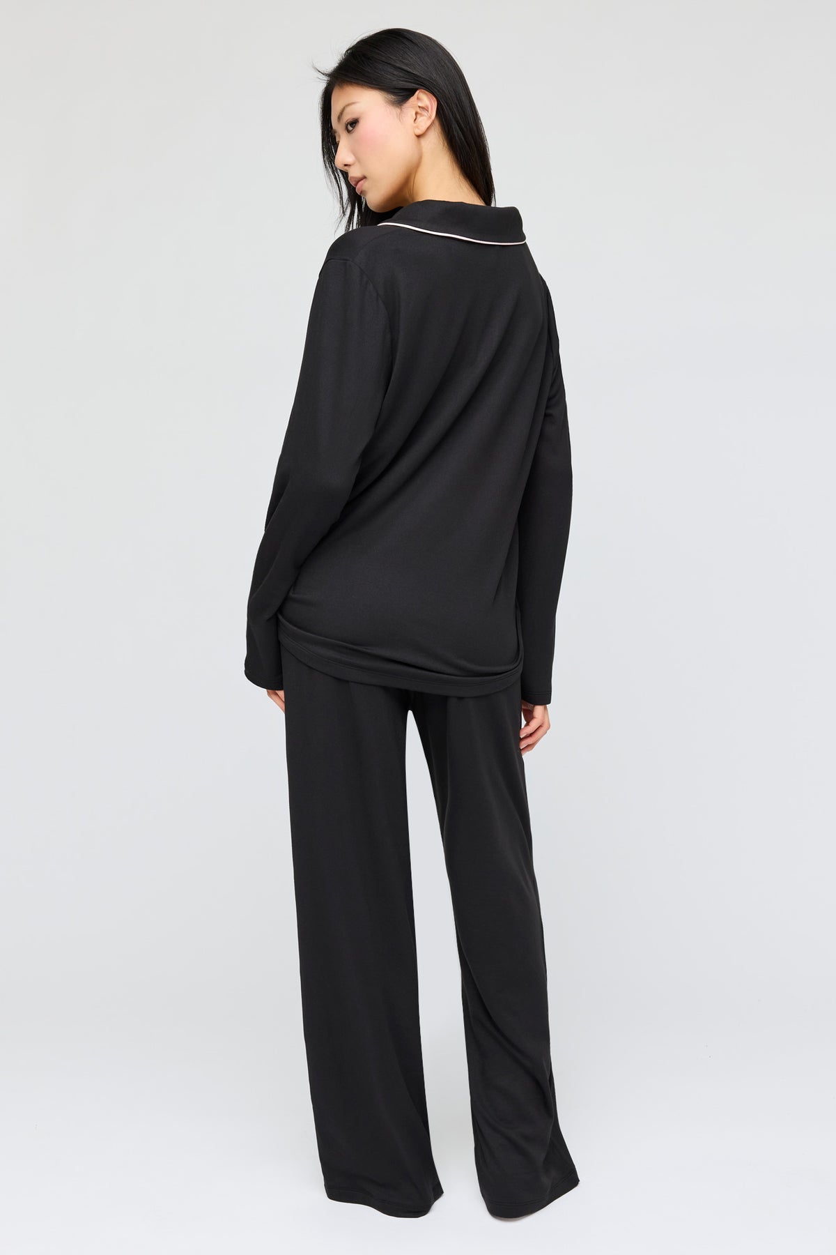 Alt View 4. Button-Up Long Sleeve Top & Pant Pajama Set - Black