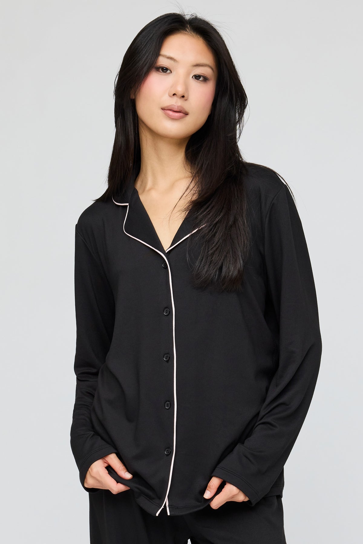 Alt View 2. Button-Up Long Sleeve Top & Pant Pajama Set - Black