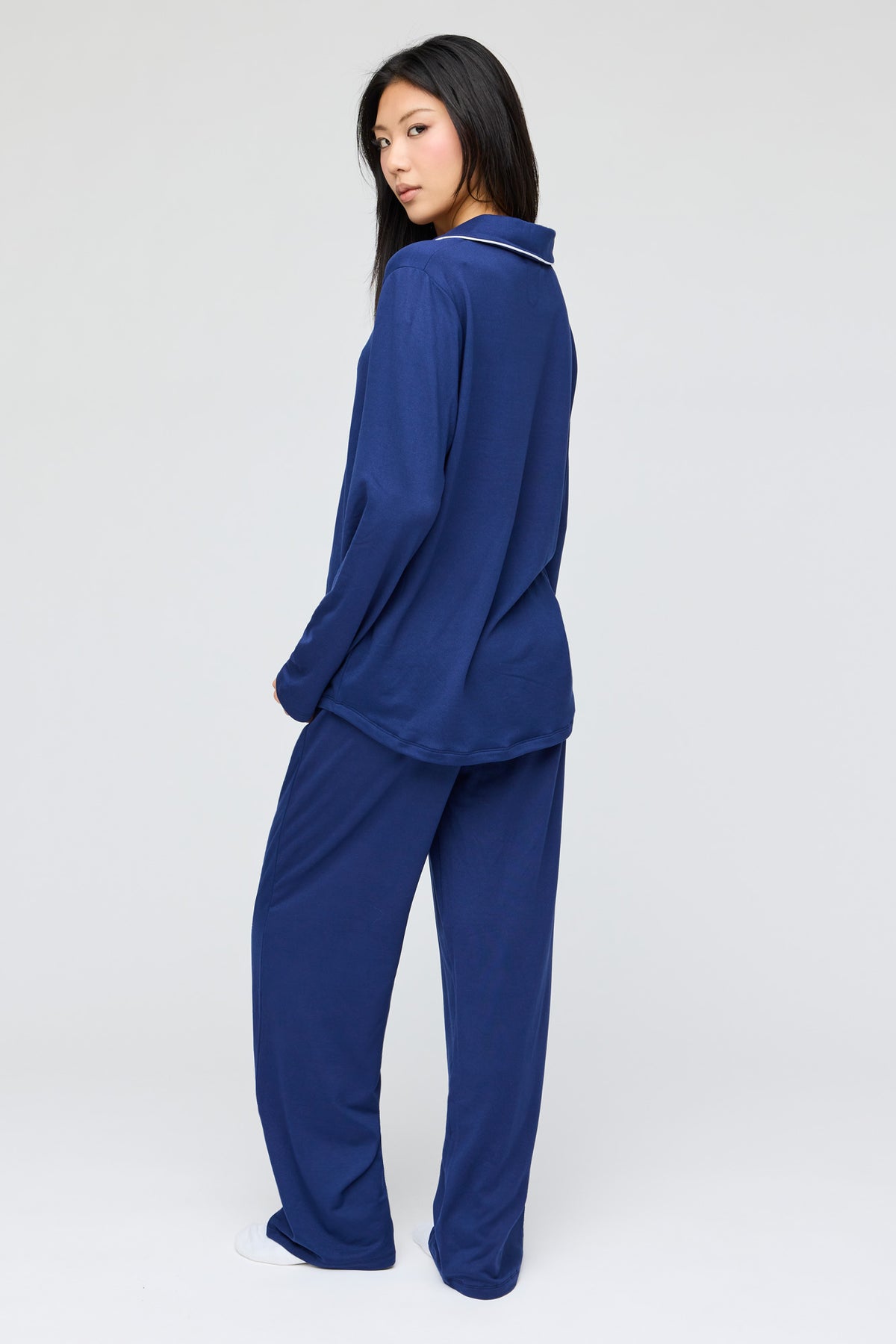 Alt View 4. Button-Up Long Sleeve Top & Pant Pajama Set - Navy