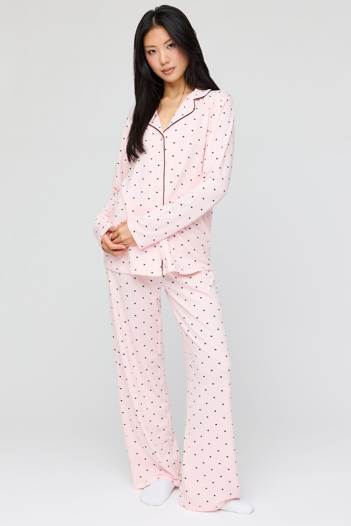 Button-Up Long Sleeve Top & Pant Pajama Set - Pink