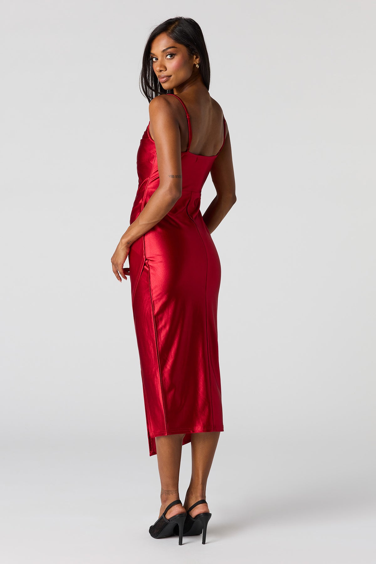 Alt View 3. Satin Ruched Cowl Neck Slit Midi Dress - Red