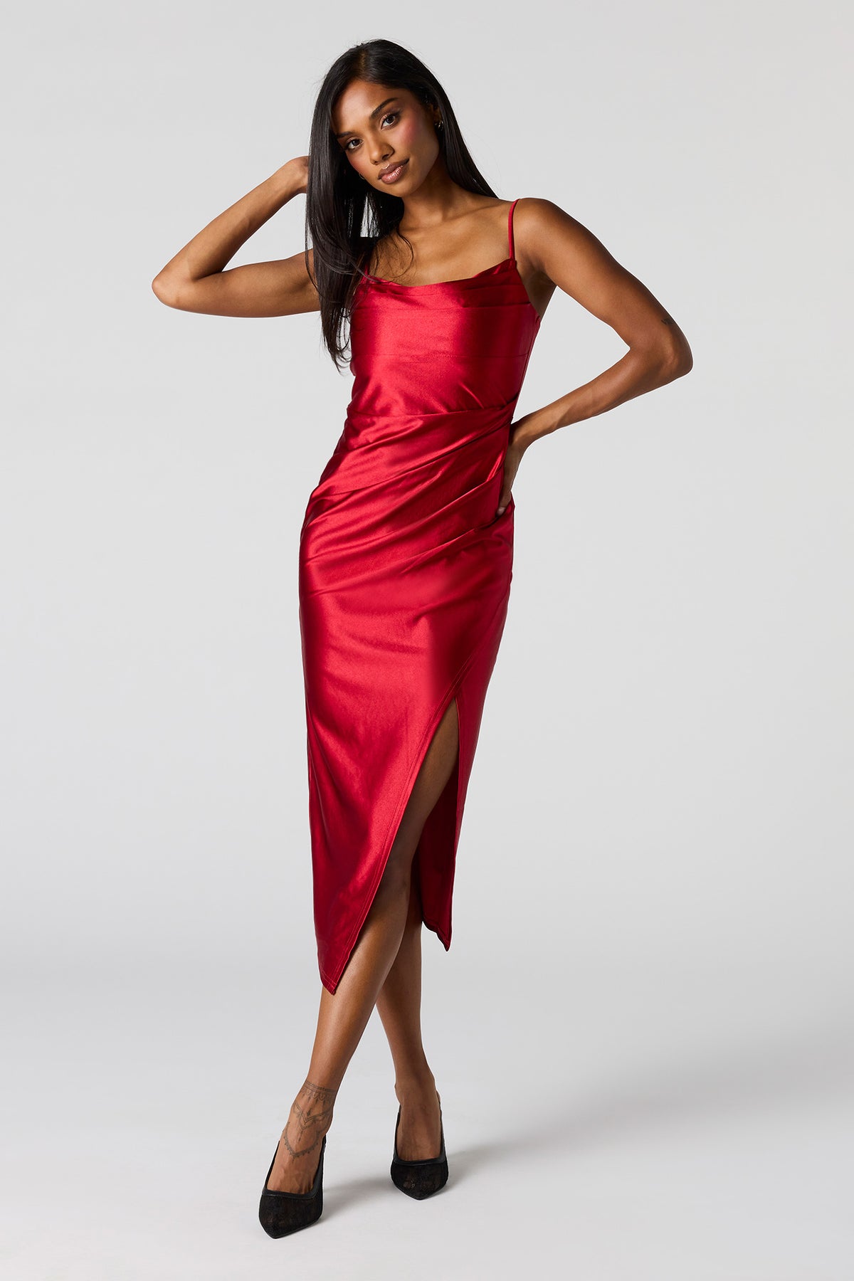 Satin Ruched Cowl Neck Slit Midi Dress - Red