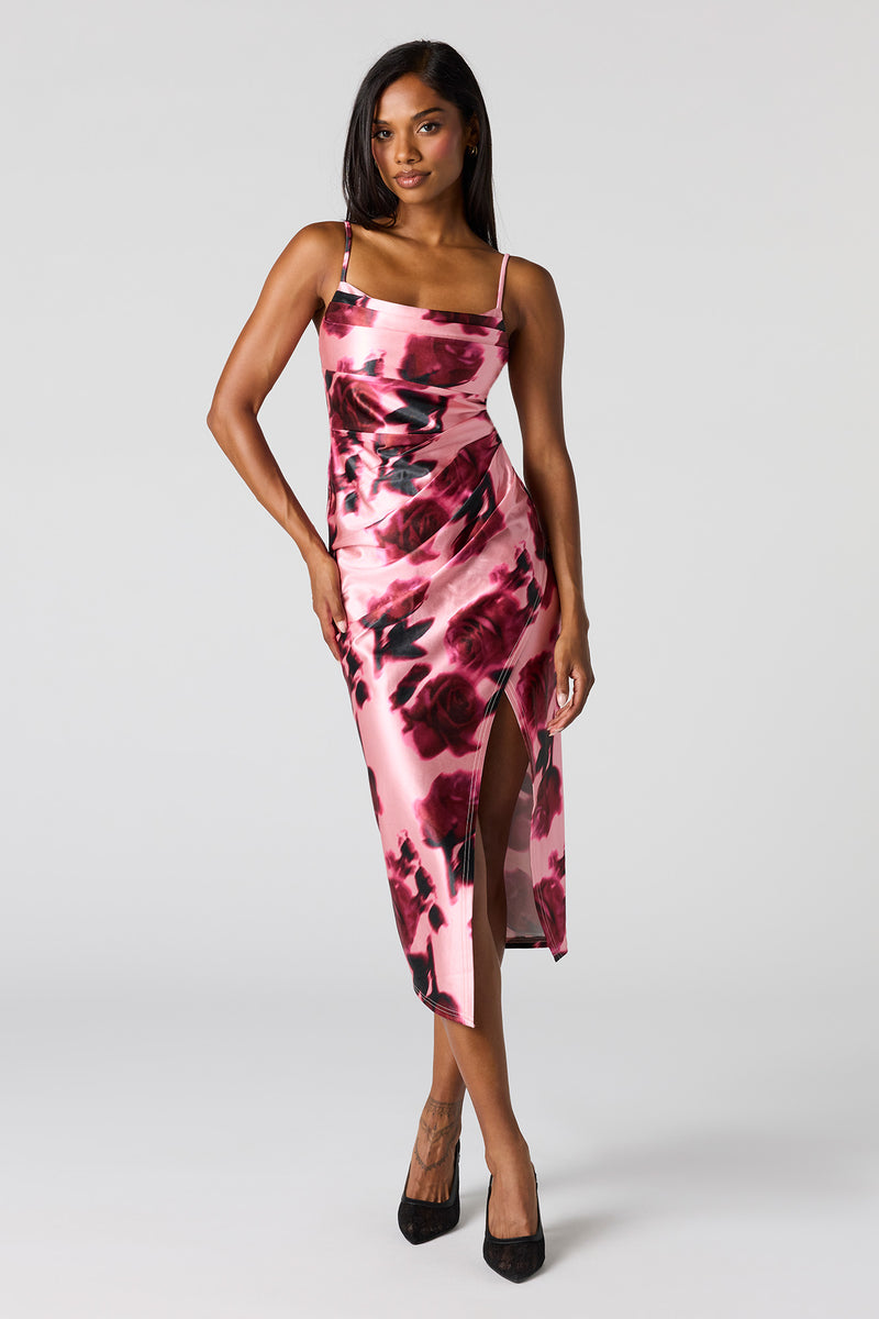 Satin Ruched Cowl Neck Slit Midi Dress