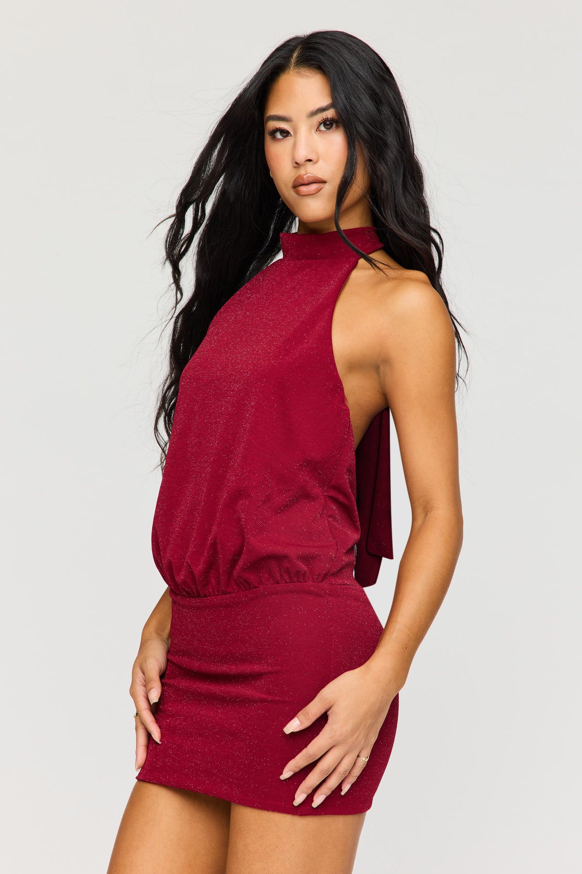 Glitter Halter Dress - Burgundy