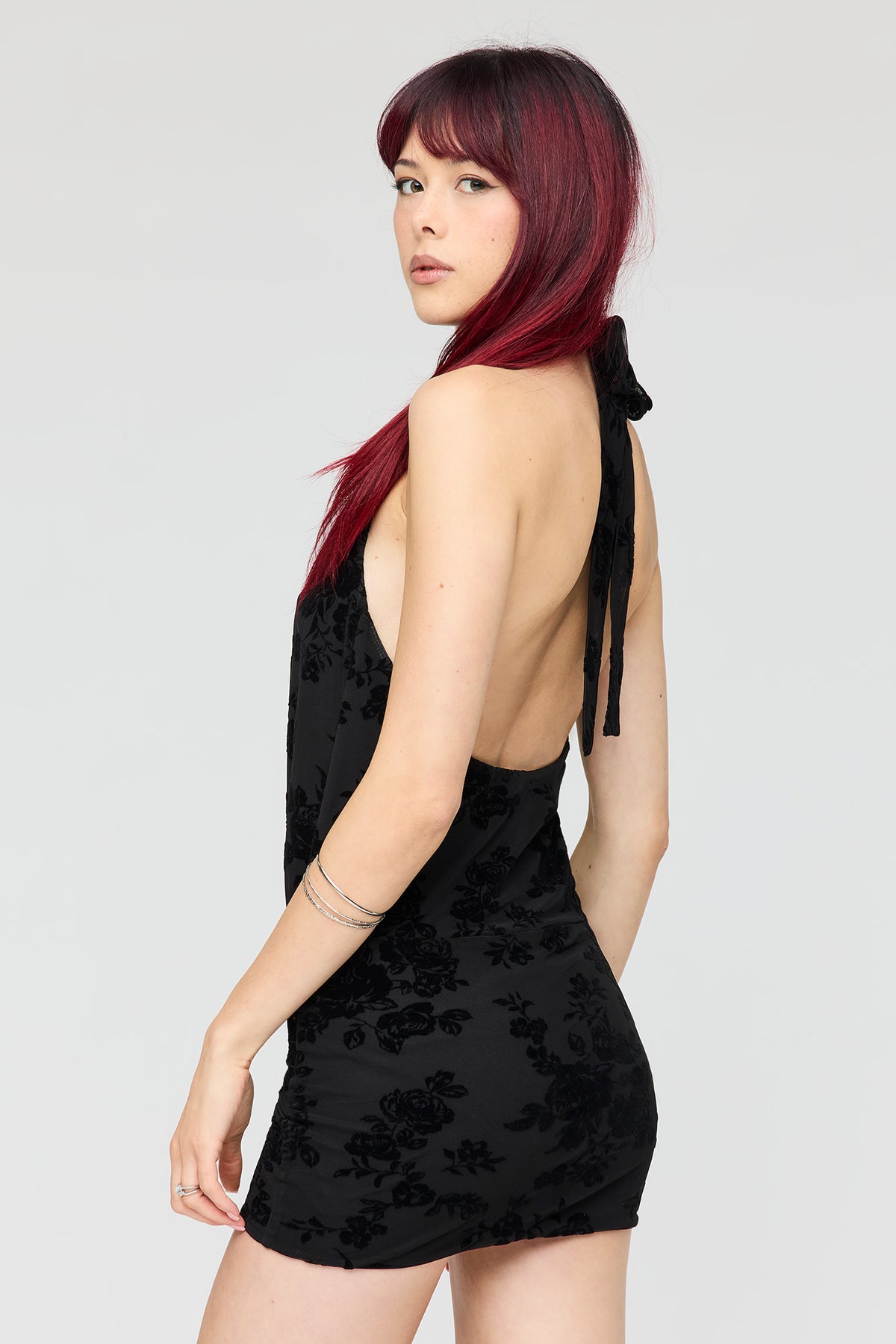 Alt View 2. Mesh Flocked Halter Mini Dress - Black
