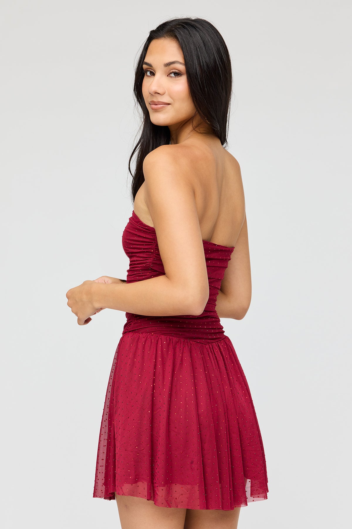 Alt View 2. Rhinestone Mesh Strapless Mini Dress - Burgundy