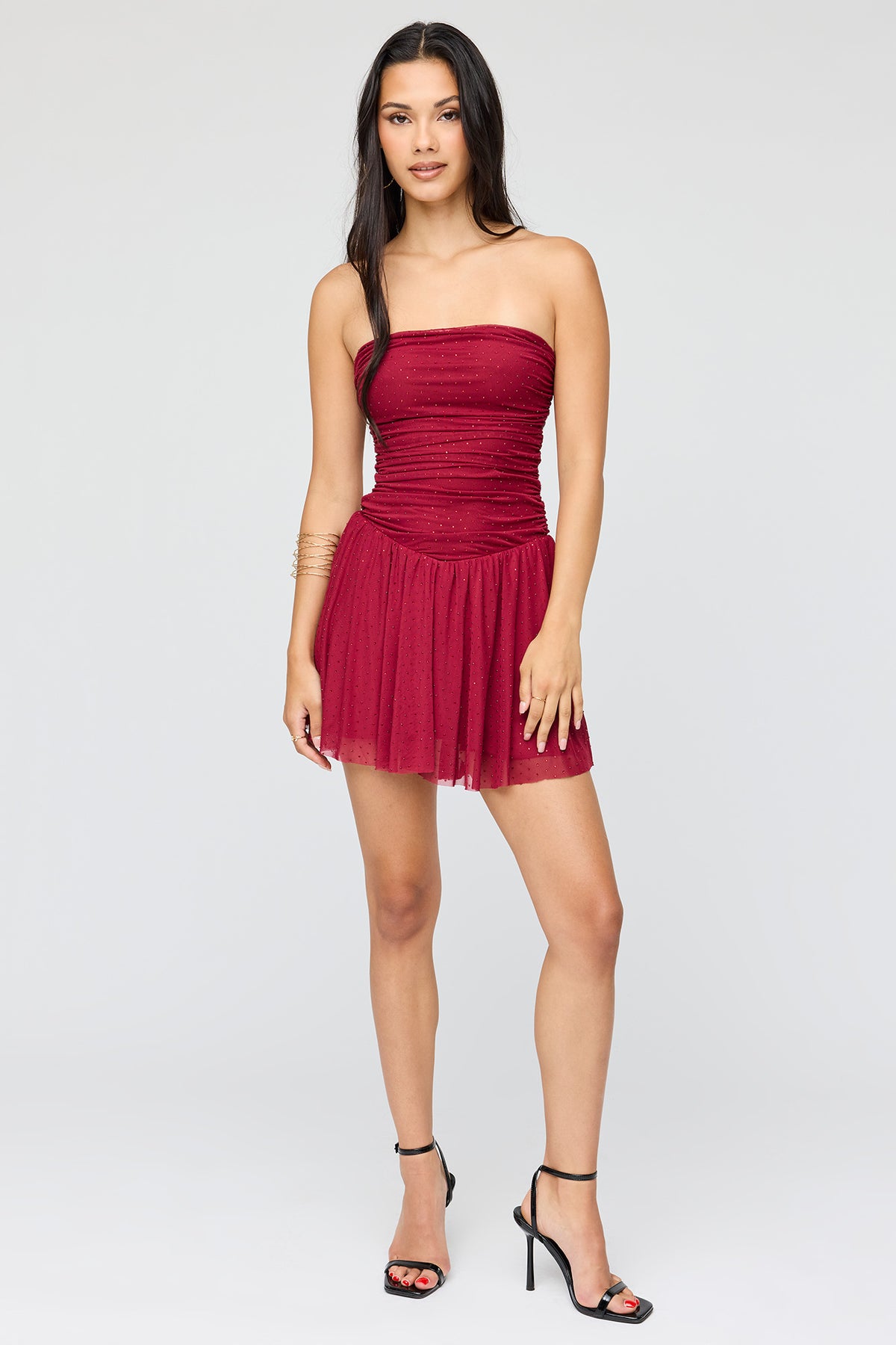 Alt View 3. Rhinestone Mesh Strapless Mini Dress - Burgundy