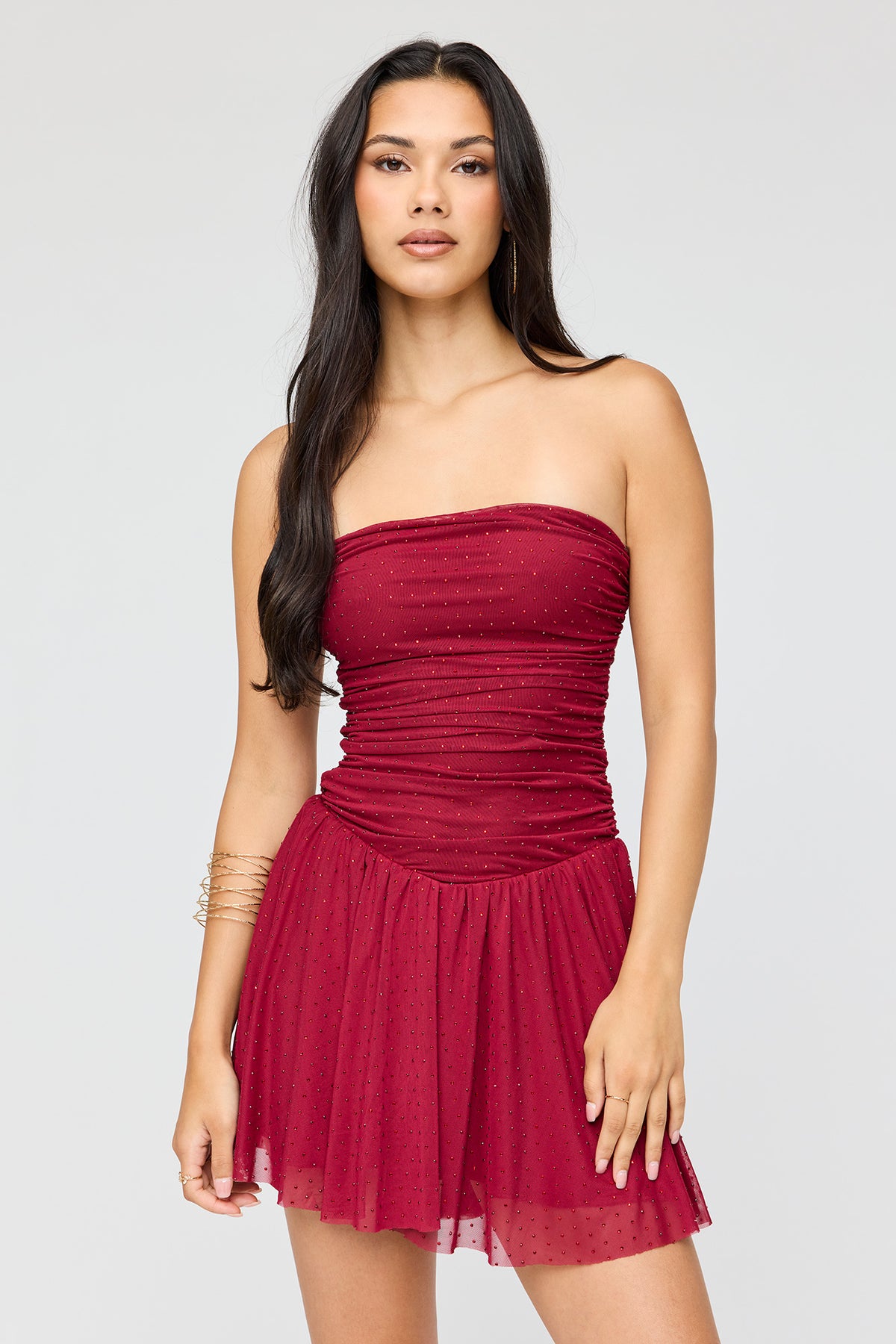 Rhinestone Mesh Strapless Mini Dress - Burgundy