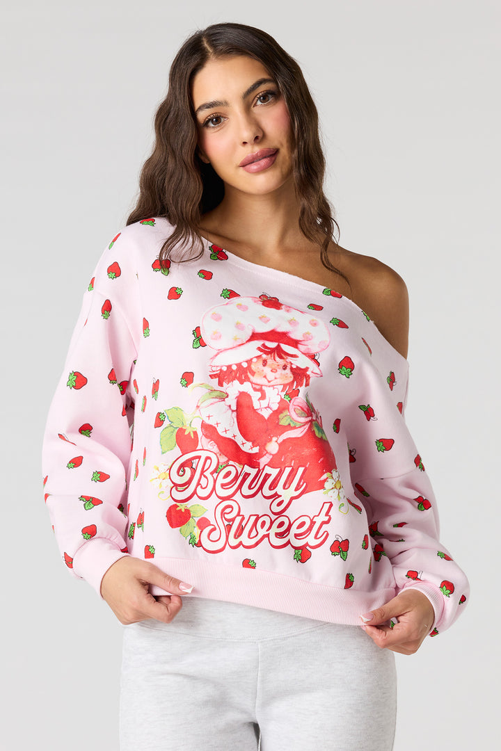 Strawberry Shortcake Print Off Shoulder Fleece Sweatshirt