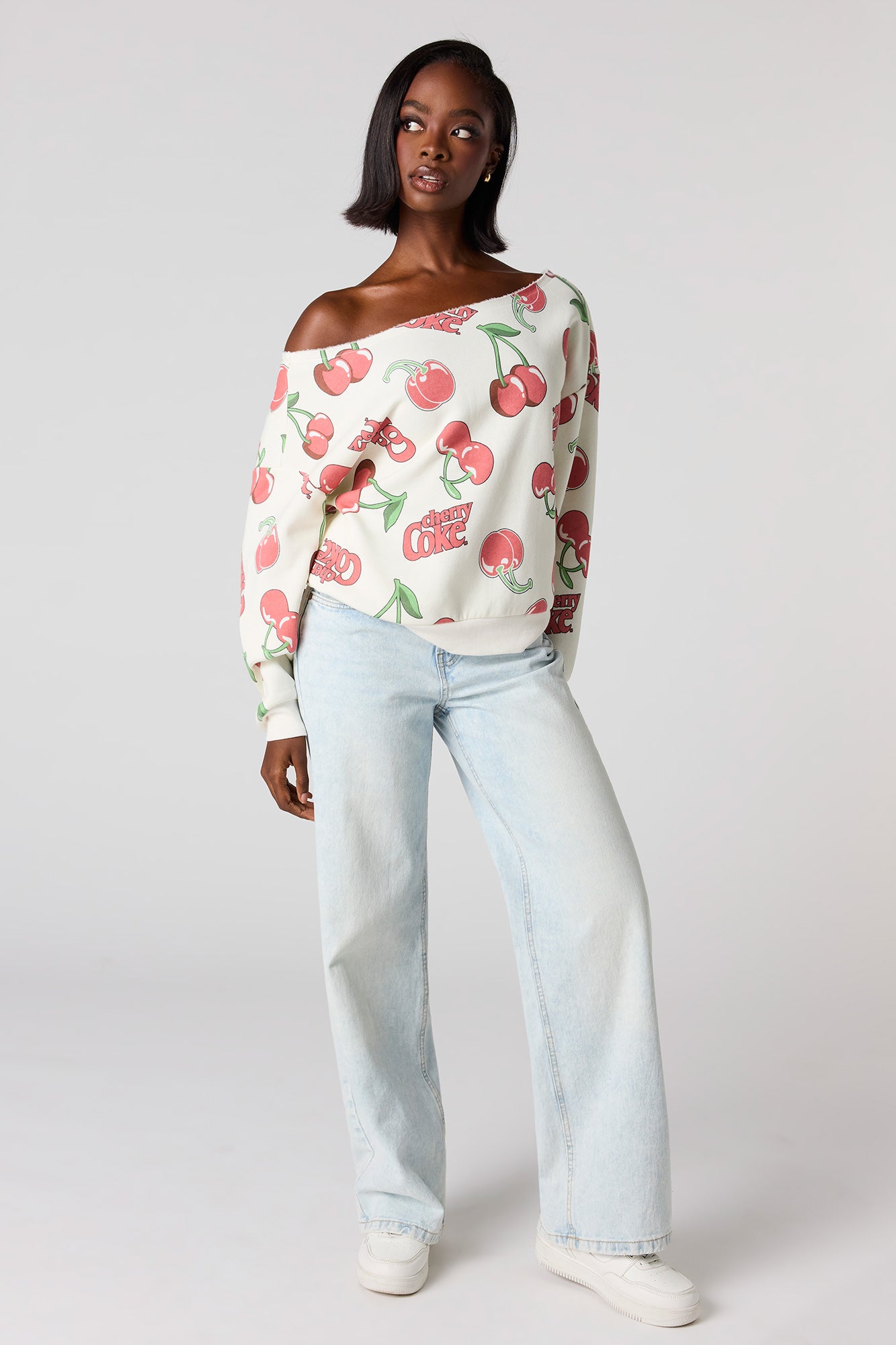 Cherry Coke Print Off Shoulder Fleece Sweatshirt – Urban Planet