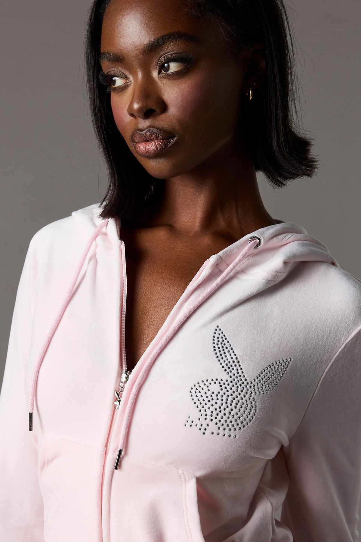 Alt View 4. Playboy Rhinestone Velour Zip-Up Hoodie - Light Pink