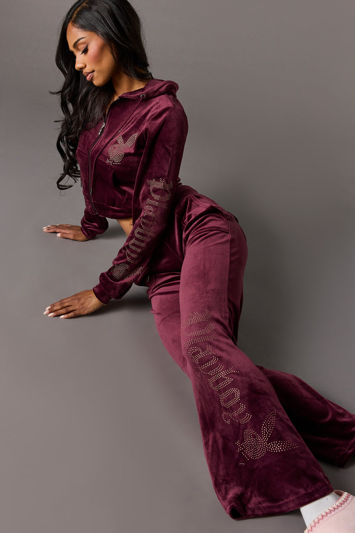 Playboy Rhinestone Velour Wide Leg Sweatpant