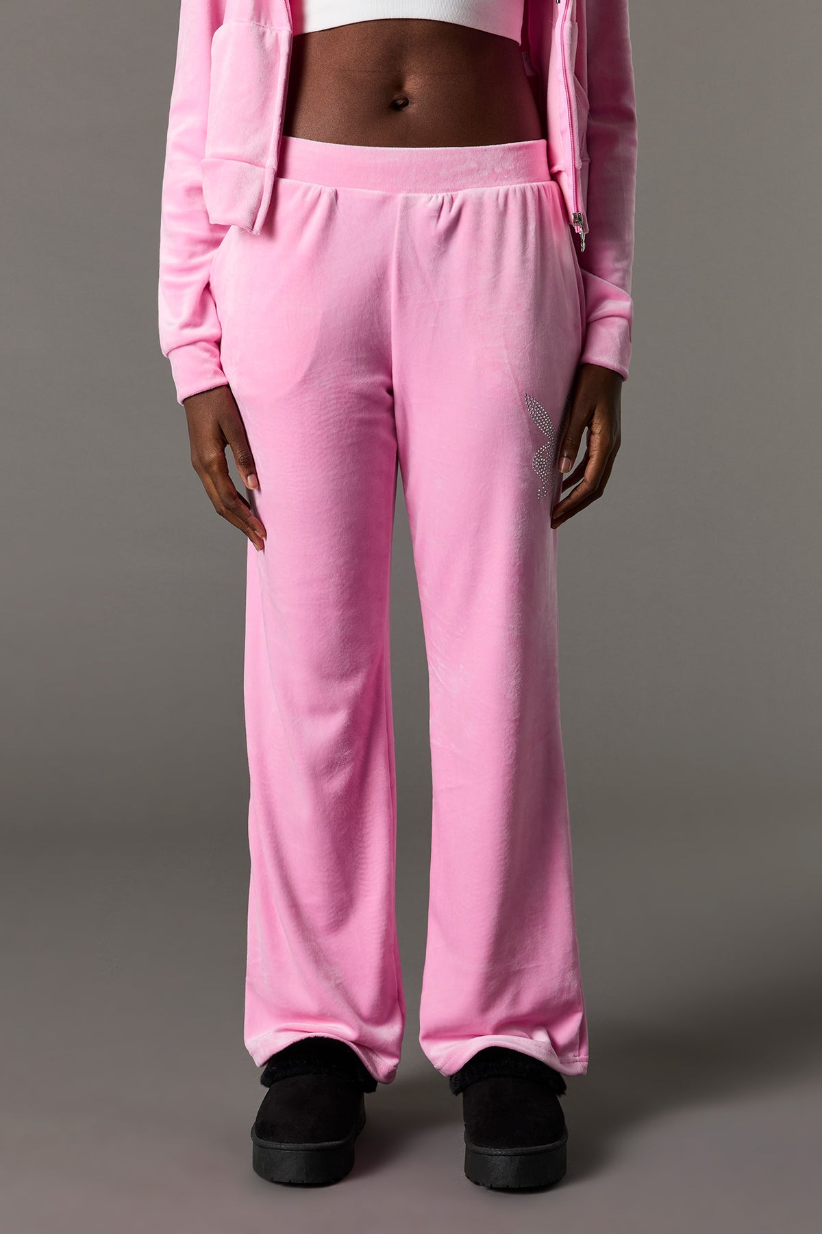 Alt View 2. Playboy Rhinestone Velour Sweatpant - Pink