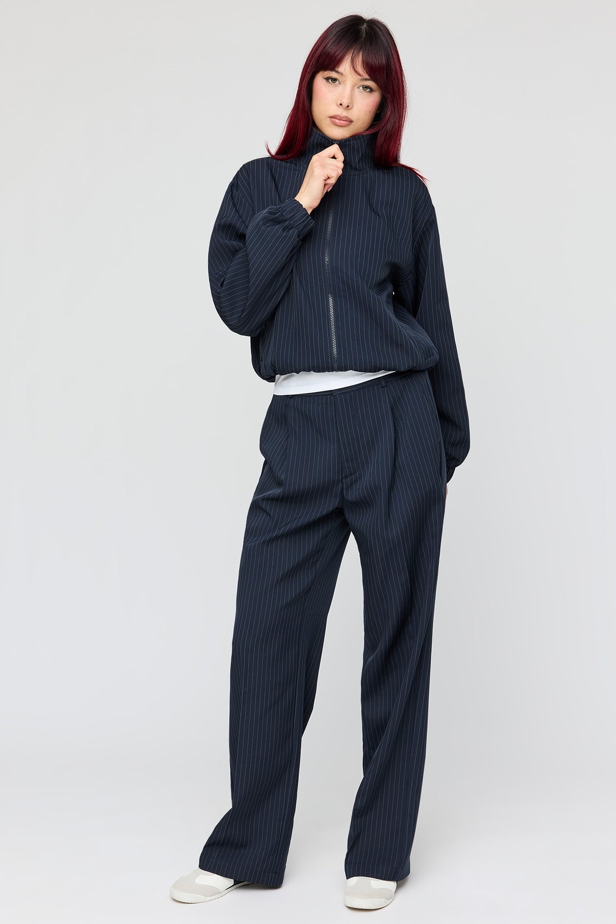 Alt View 3. Pinstriped Bomber Jacket - Navy