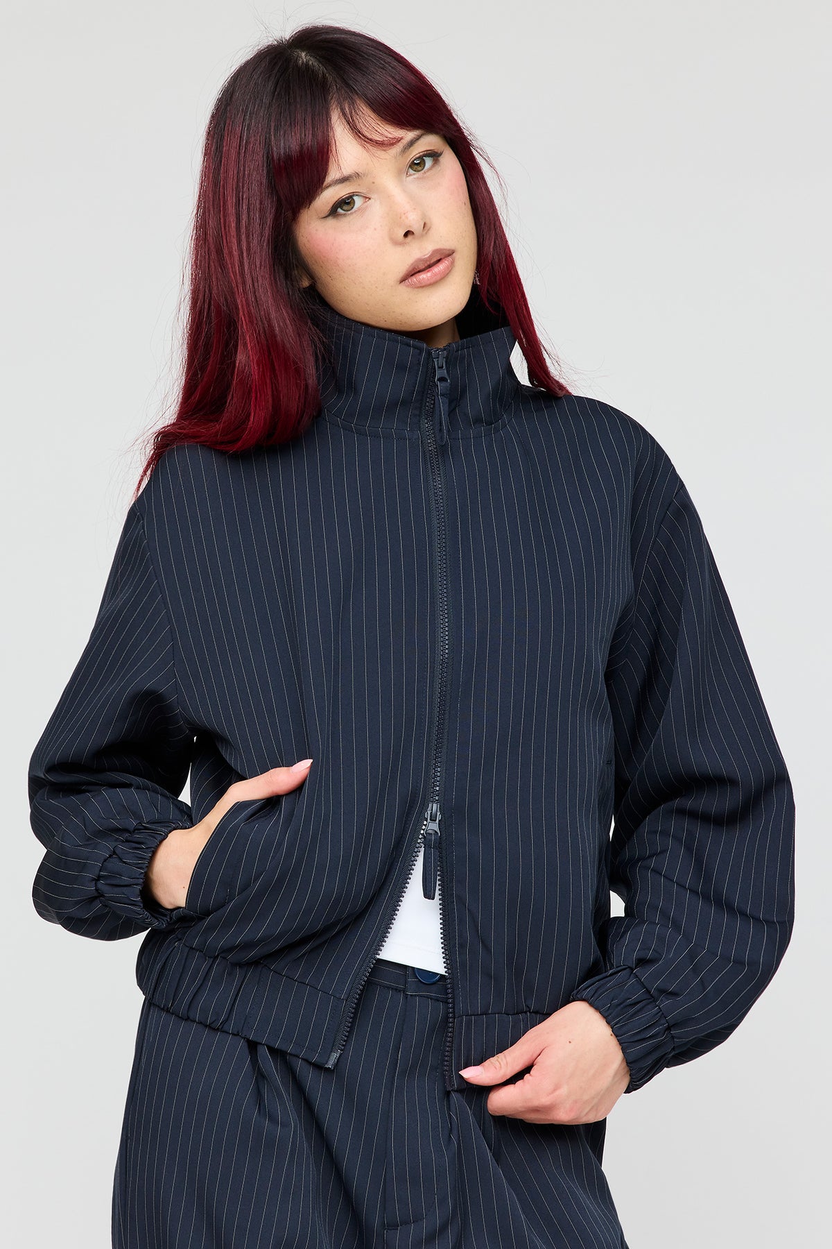 Pinstriped Bomber Jacket - Navy