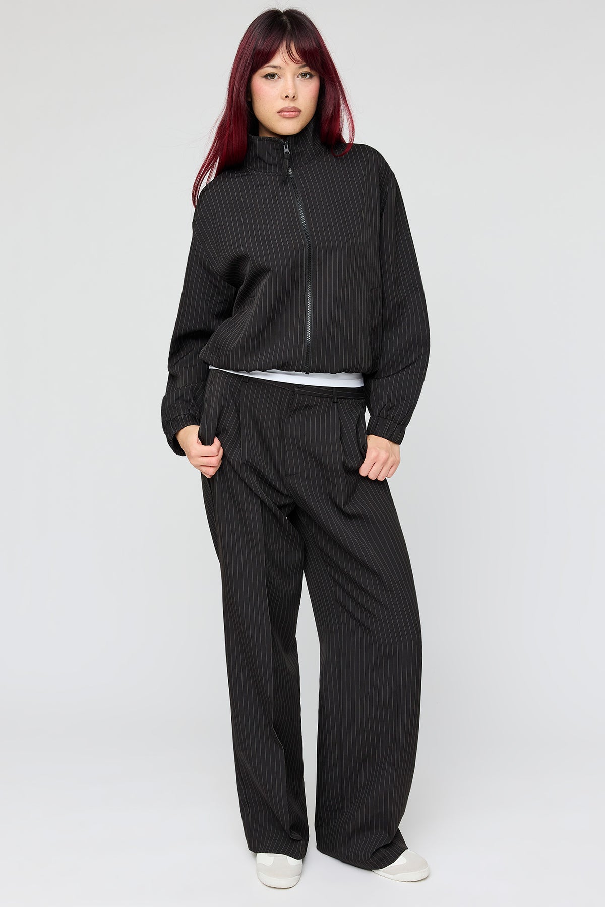 Alt View 3. Pinstriped Bomber Jacket - Black with White