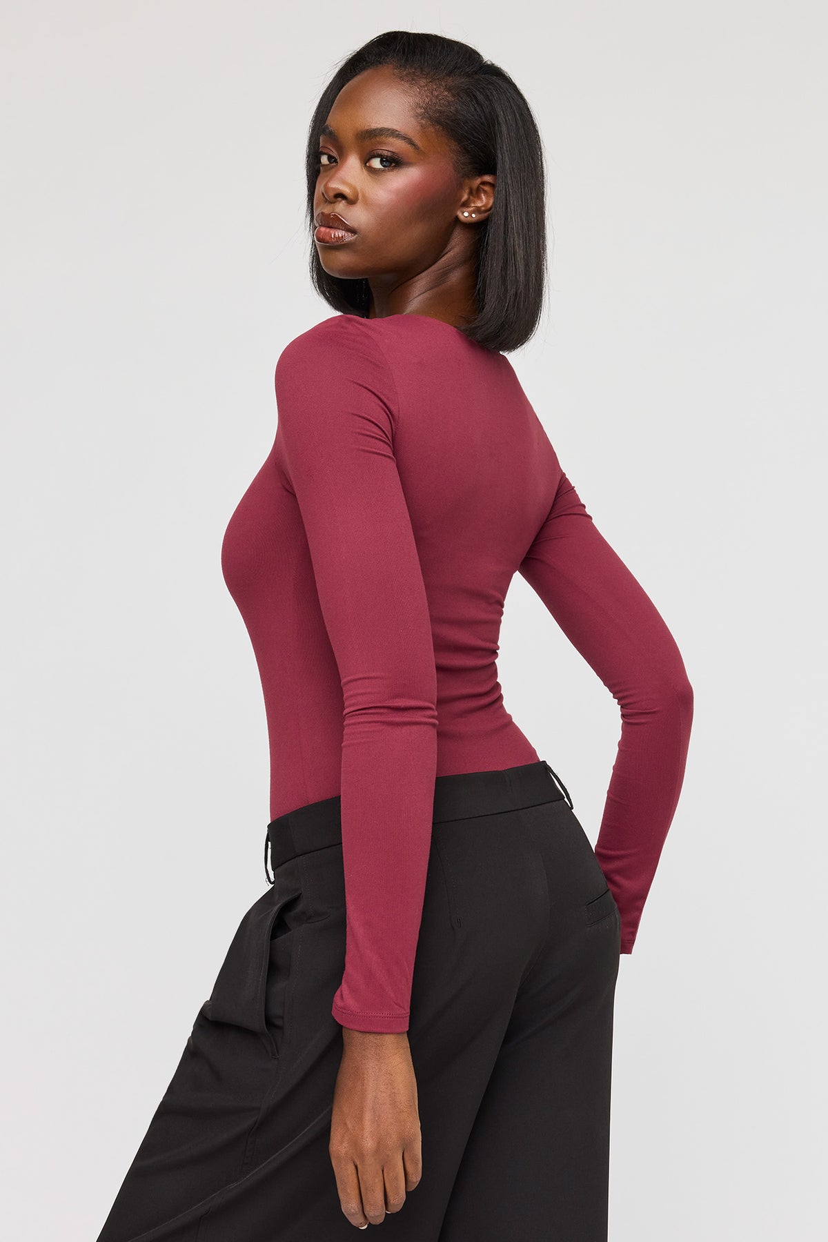 Alt View 2. Luxe Heavy Contour Long Sleeve Bodysuit - Burgundy