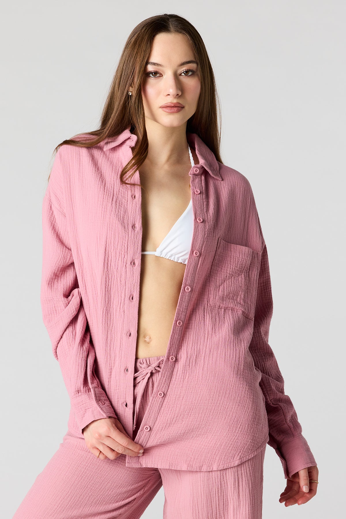 Textured Oversized Button-Up Top - Light Pink
