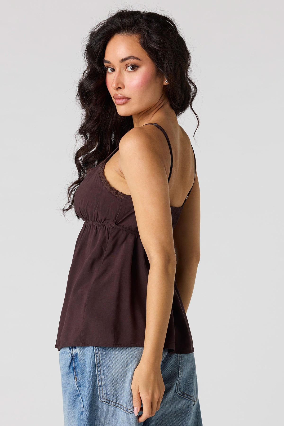 Alt View 2. Lace Trim Babydoll Tank - Brown